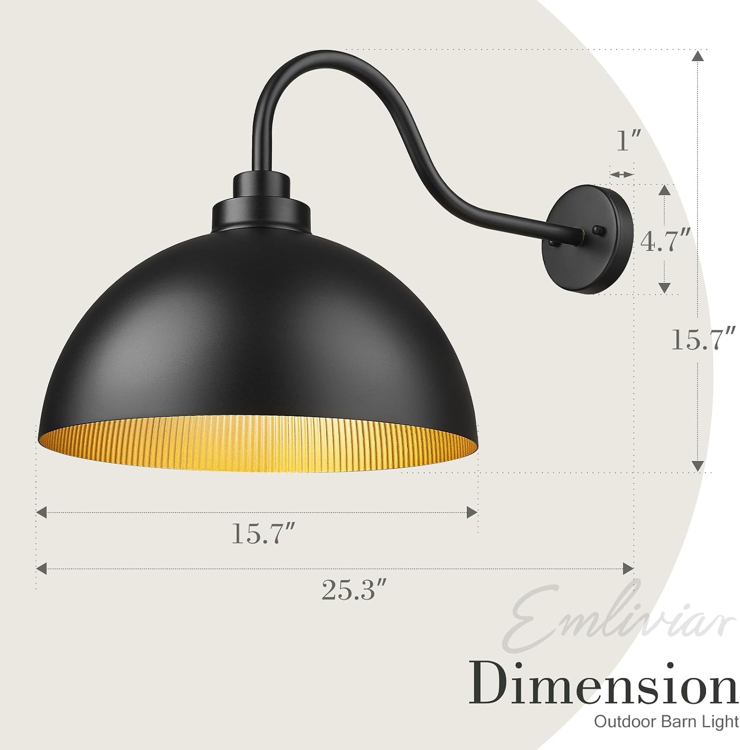Emliviar 15.7 Inch 2 Pack Outside Barn Lighting Wall for Patio, Large Wall Sconces Lantern Lamp with E26 Base 60W Max, Gold Striped Interior Shade, Black Finish, GE314B-2PK BK