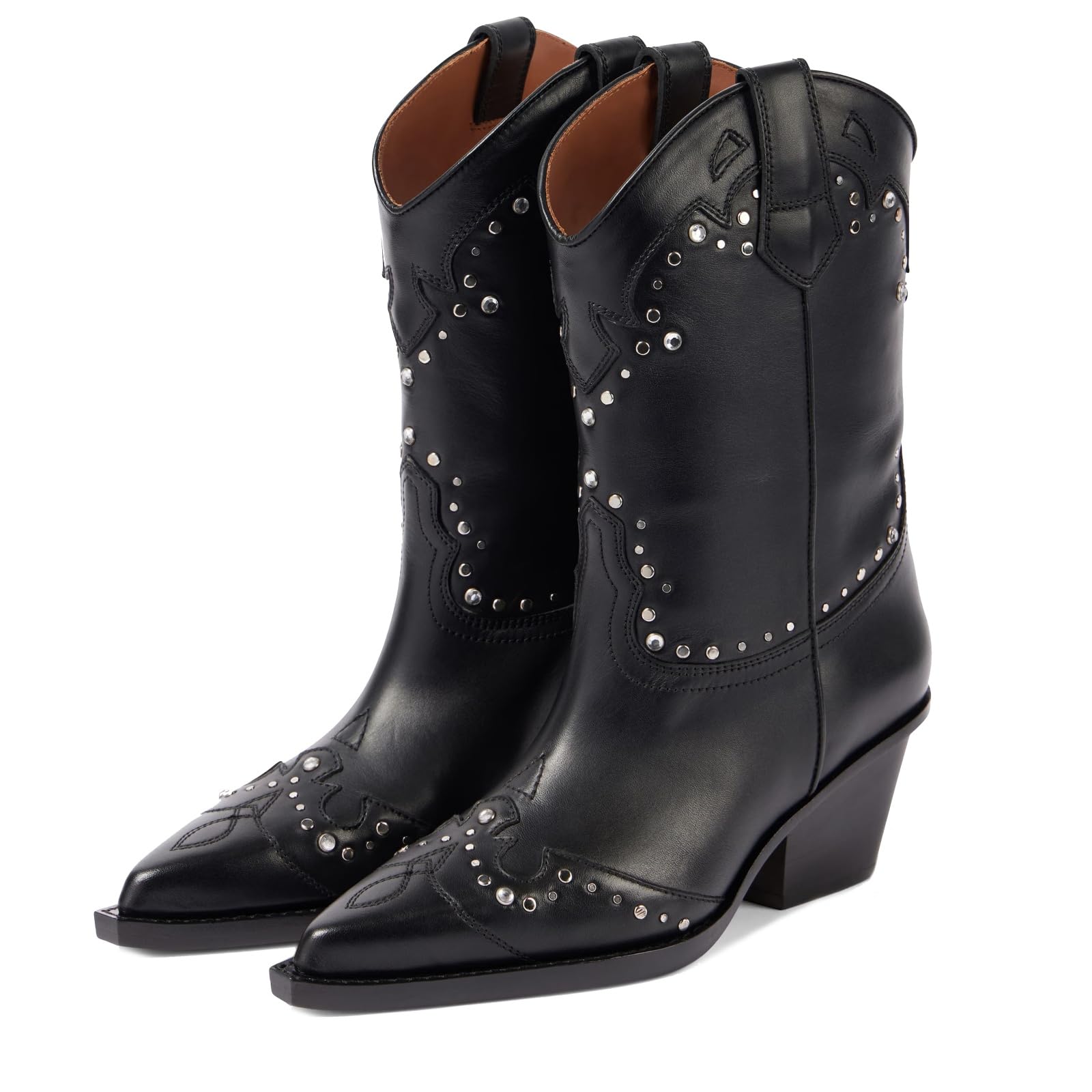 Goolita Studded Western Cowboy Boots For Women Crystals Pointed Toe Stacked Block Heel Cowgirl Ankle Boots Vintage Slip