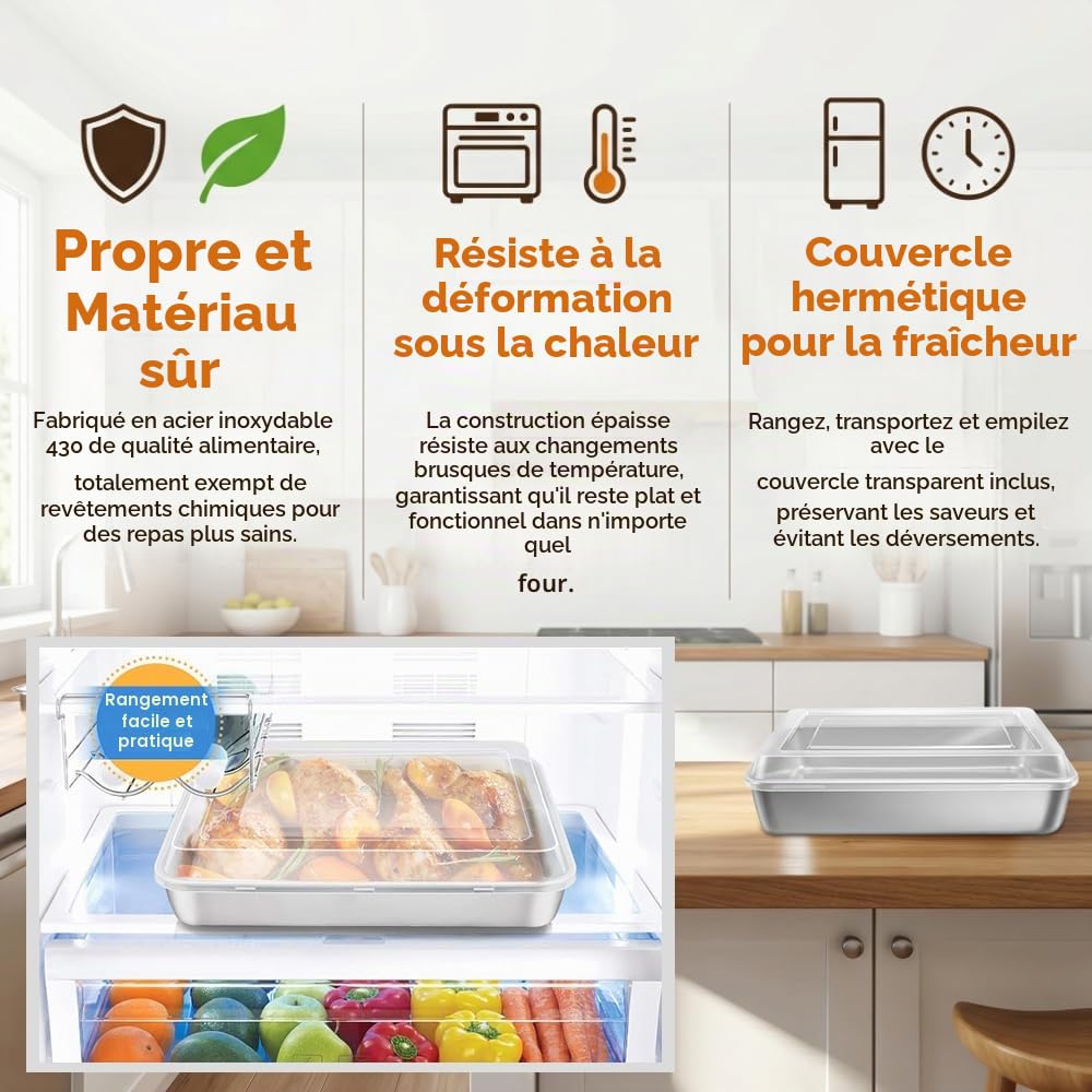 Plaque de Cuisson avec Couvercle 31 x 24 x 5 cm Récipients Alimentaires Plaque de Cuisson en Acier Inoxydable avec Couvercle Hermétique Moule à Gâteau Carré pour Desserts Tiramisu