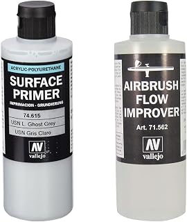 Vallejo Model Color 200 ml Polyurethane Primer - USN Light Ghost Grey & VJ71562 200 ml Flow Improver Airbrush Model Air Bottle