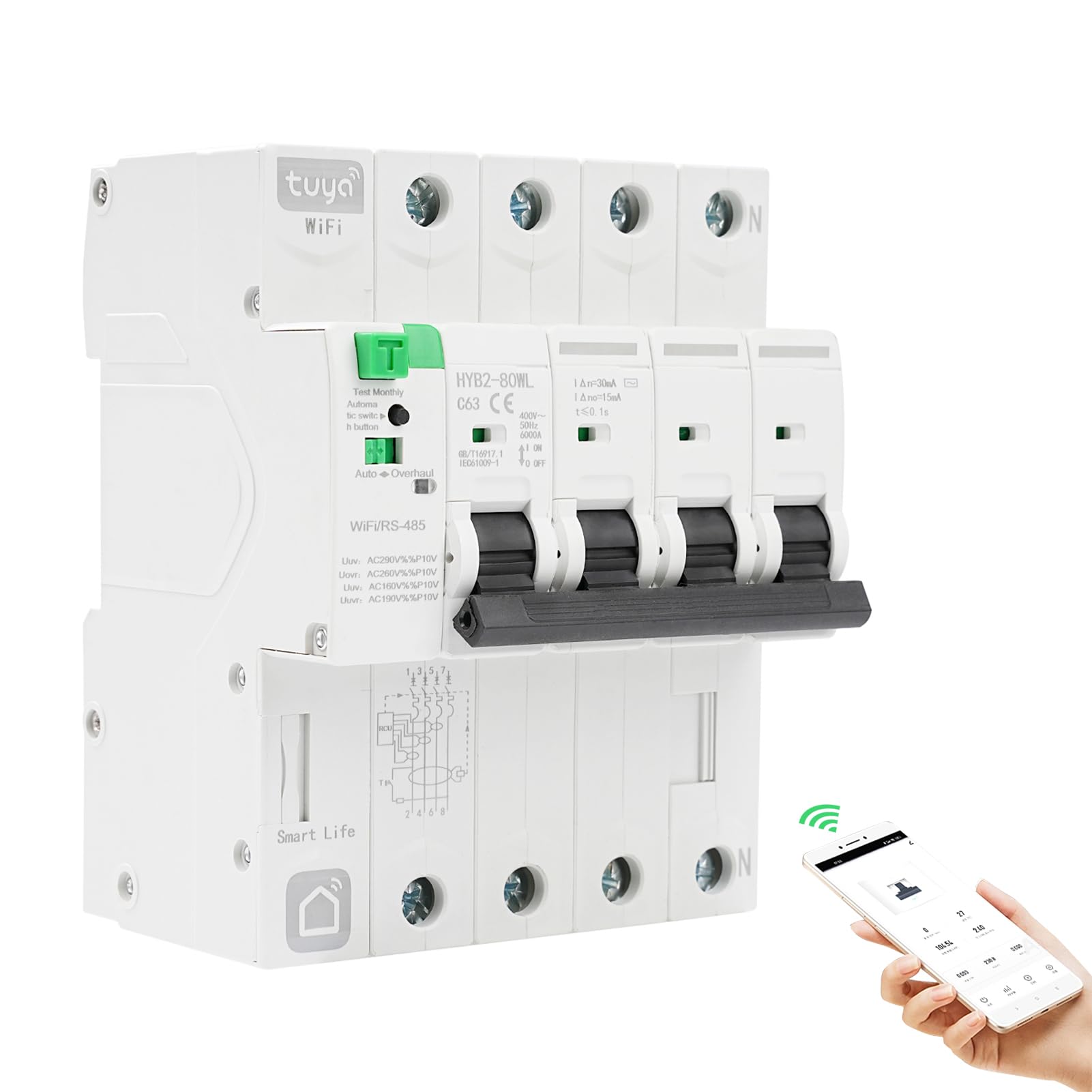 Disyuntor inteligente wifi 63A 30ma magnetotermico 380V 4P TUYA/Smart Life APP Recovery inteligente de reconexion interruptor Proteccion contra fugas contra fugas por subtension.