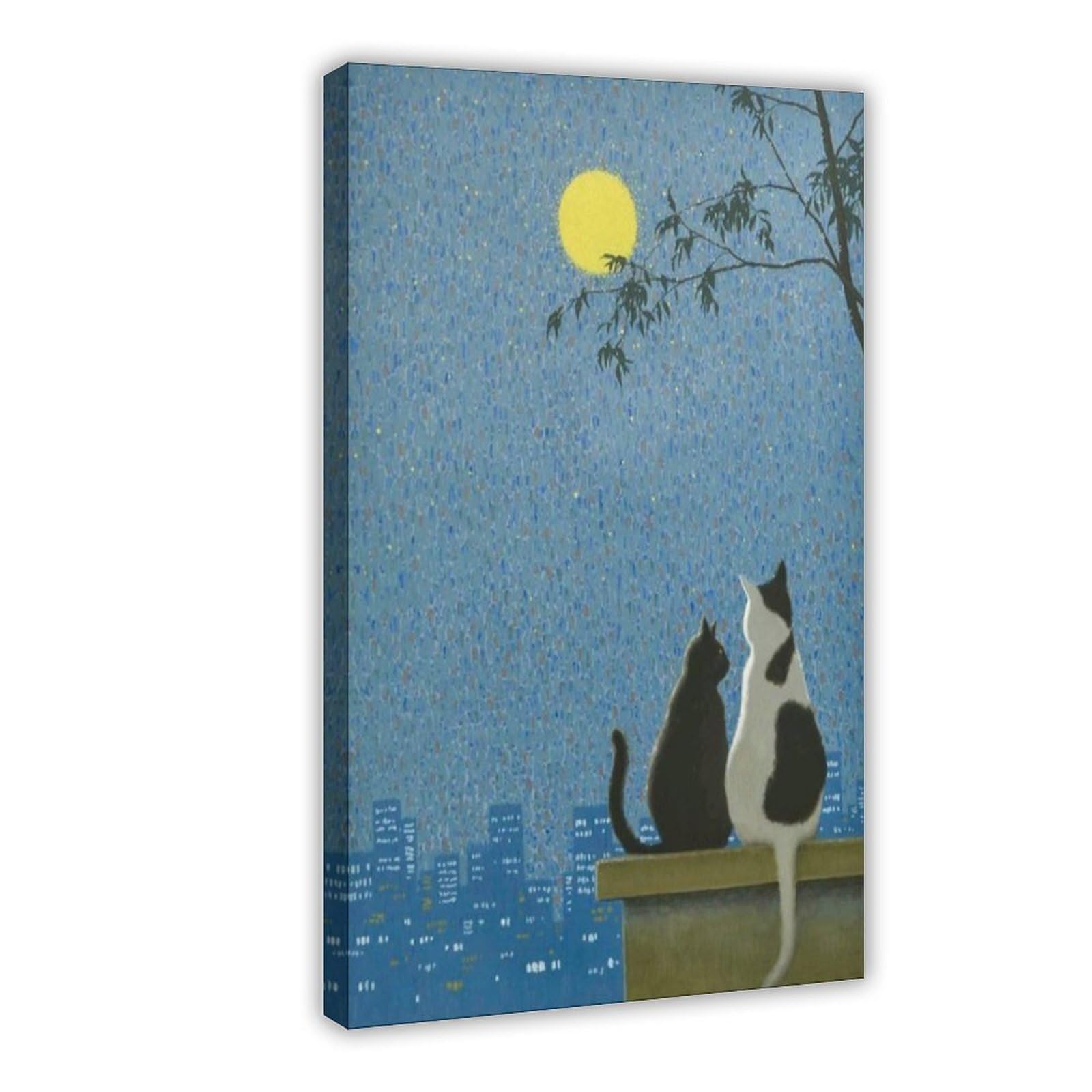 Bareronor Two Cats Admiring The Moon Canvas Poster Bedroom Decor Landscape Office Room Decor Gift 24" L X 36" W