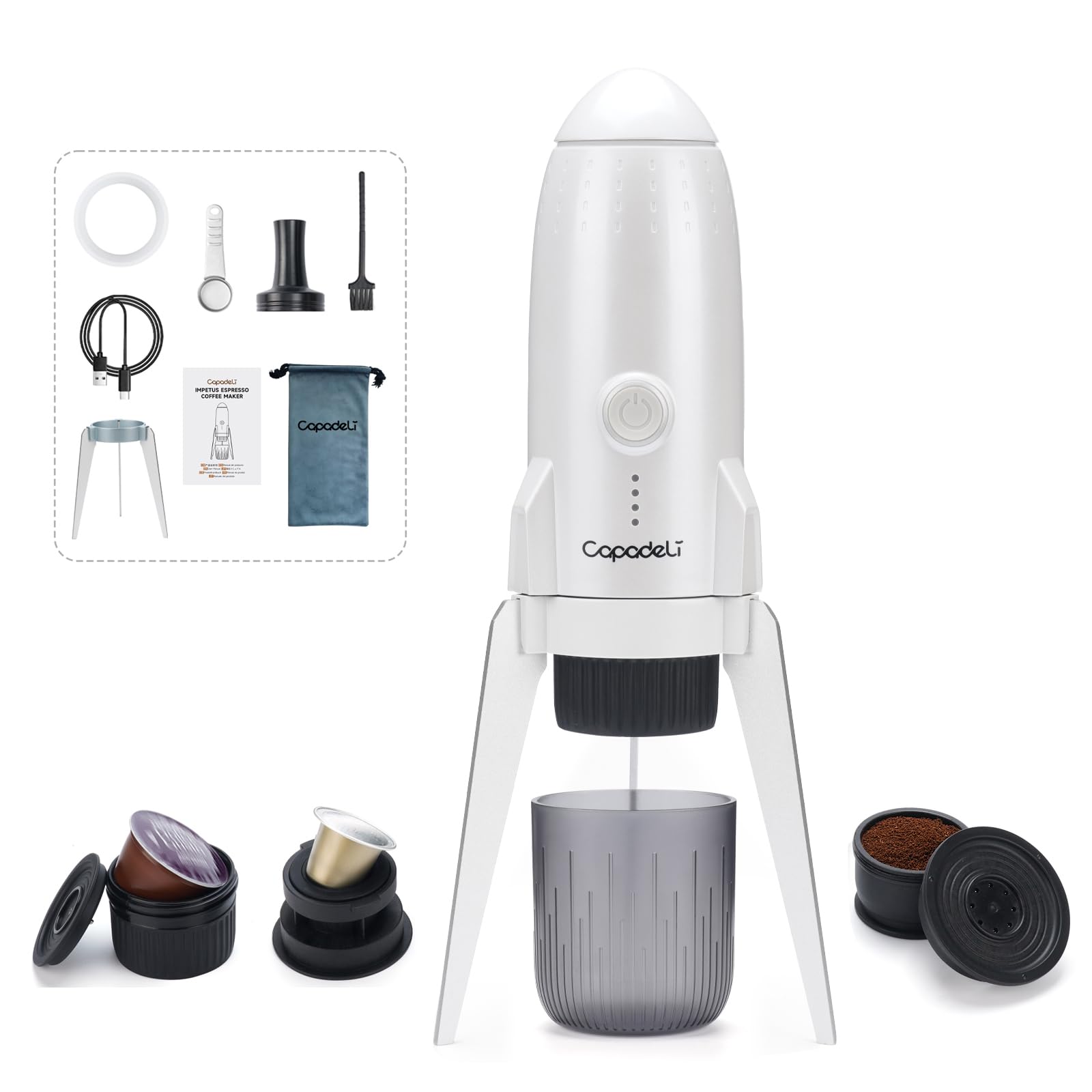 RECAFIMIL Macchina per caffè espresso portatile 3 in 1 macchina da caffè elettrica da campeggio autoriscaldante con USB-C, compatibile con capsule NS/DG e caffè macinato per viaggiare a casa (bianco)