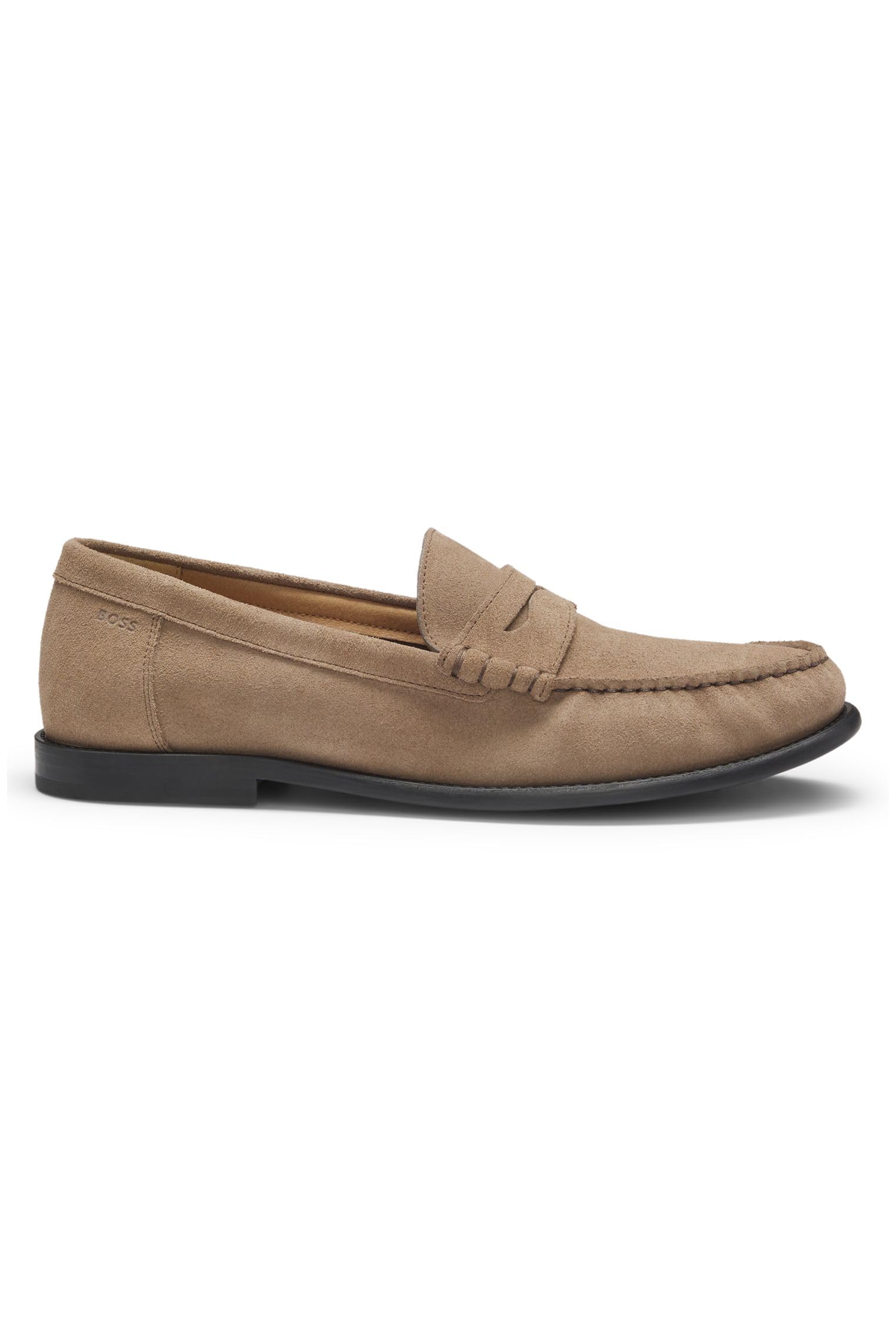BOSS Mens Tevan Mocc Suede Moccasins with Penny Trim and Embossed Logo Size 12 Beige