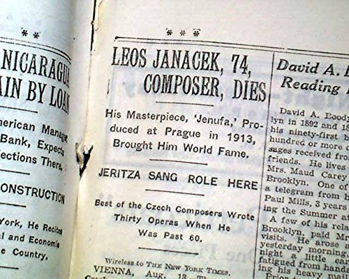 Leos Janacek Czech Musical Composer & Jenufa Opera Fame Death 1928 Old Newspaper The New York Times, August 14, 1928 #TOP2