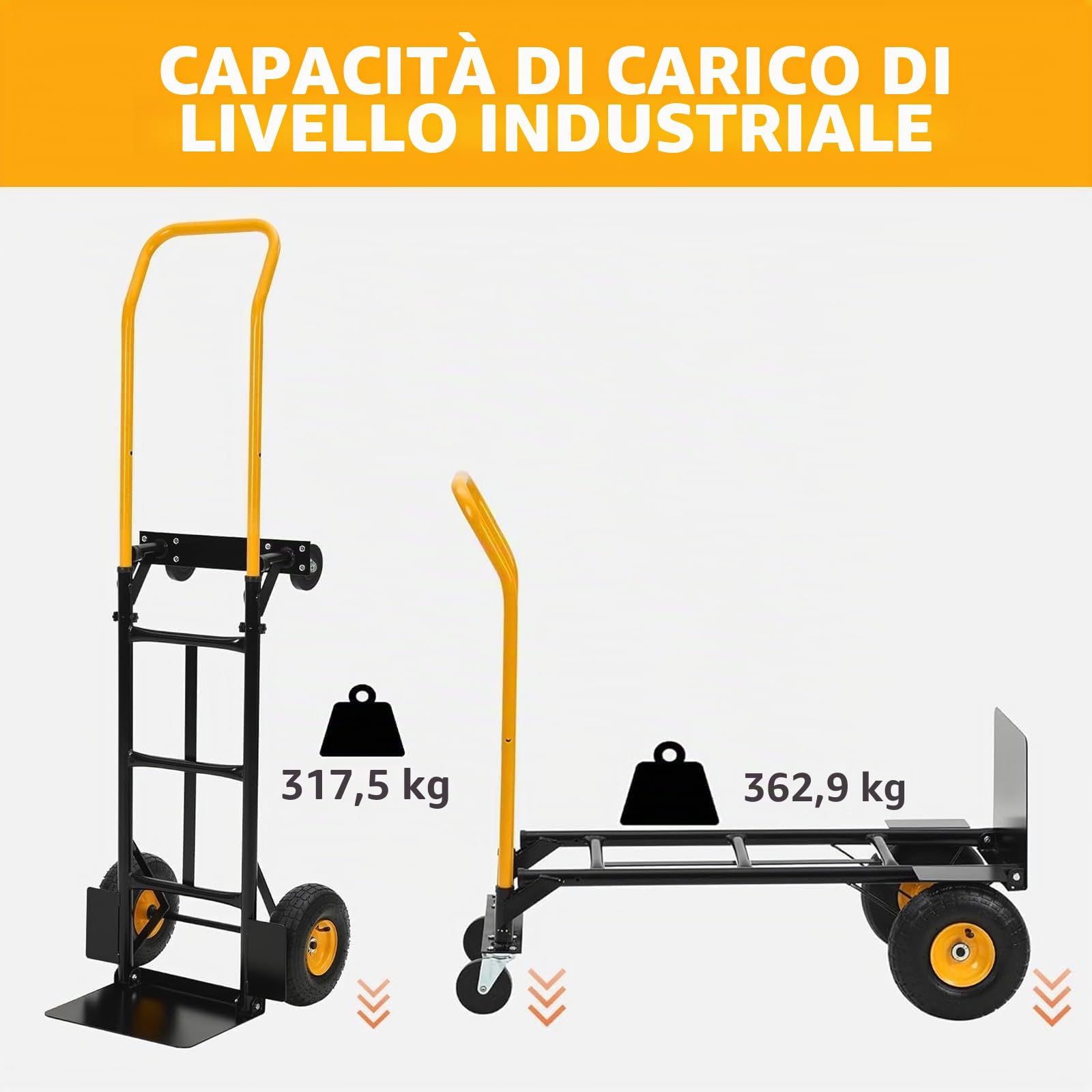 Carrello a mano convertibile 2-in-1 - Piattaforma pieghevole per magazzino, ufficio, giardino, spostamenti industriali - 4 ruote robuste, manico telescopico - Portata 800LB - Nero e Arancione