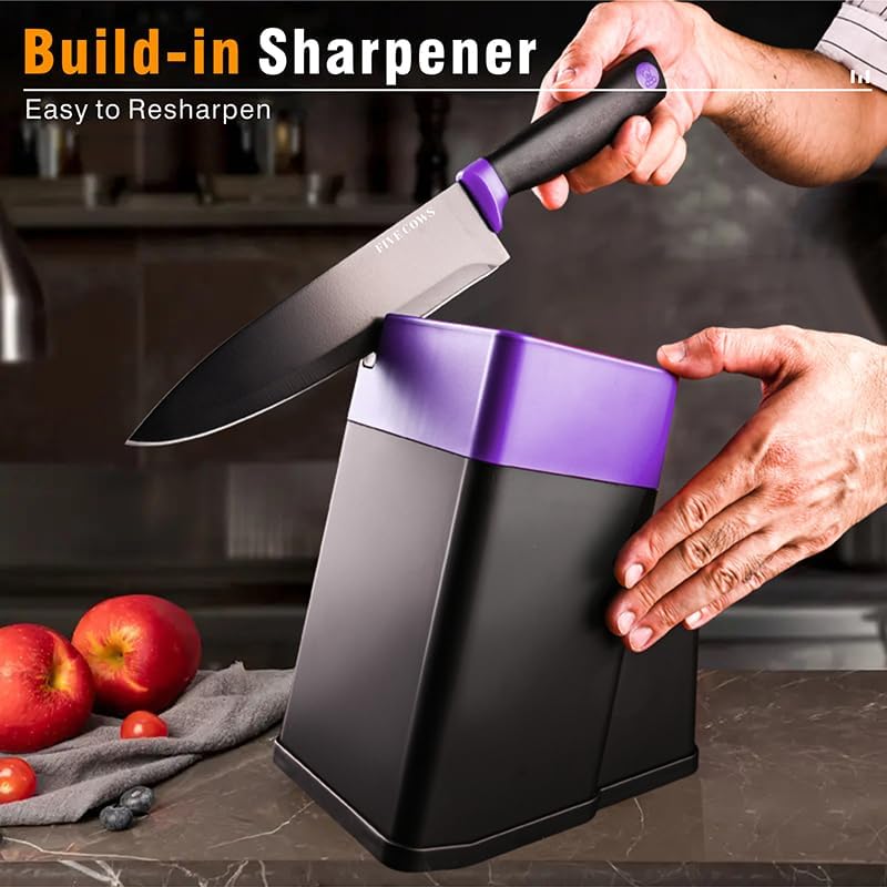 14 Pcs Kitchen Knife Block Set with Sharpener German High Carbon Stainless Steel Chef Knives, Razor-Sharp & Durable, Lightweight Anti-Slip Handle, Professional Set for Home & Kitchen (Purple) - Image 8
