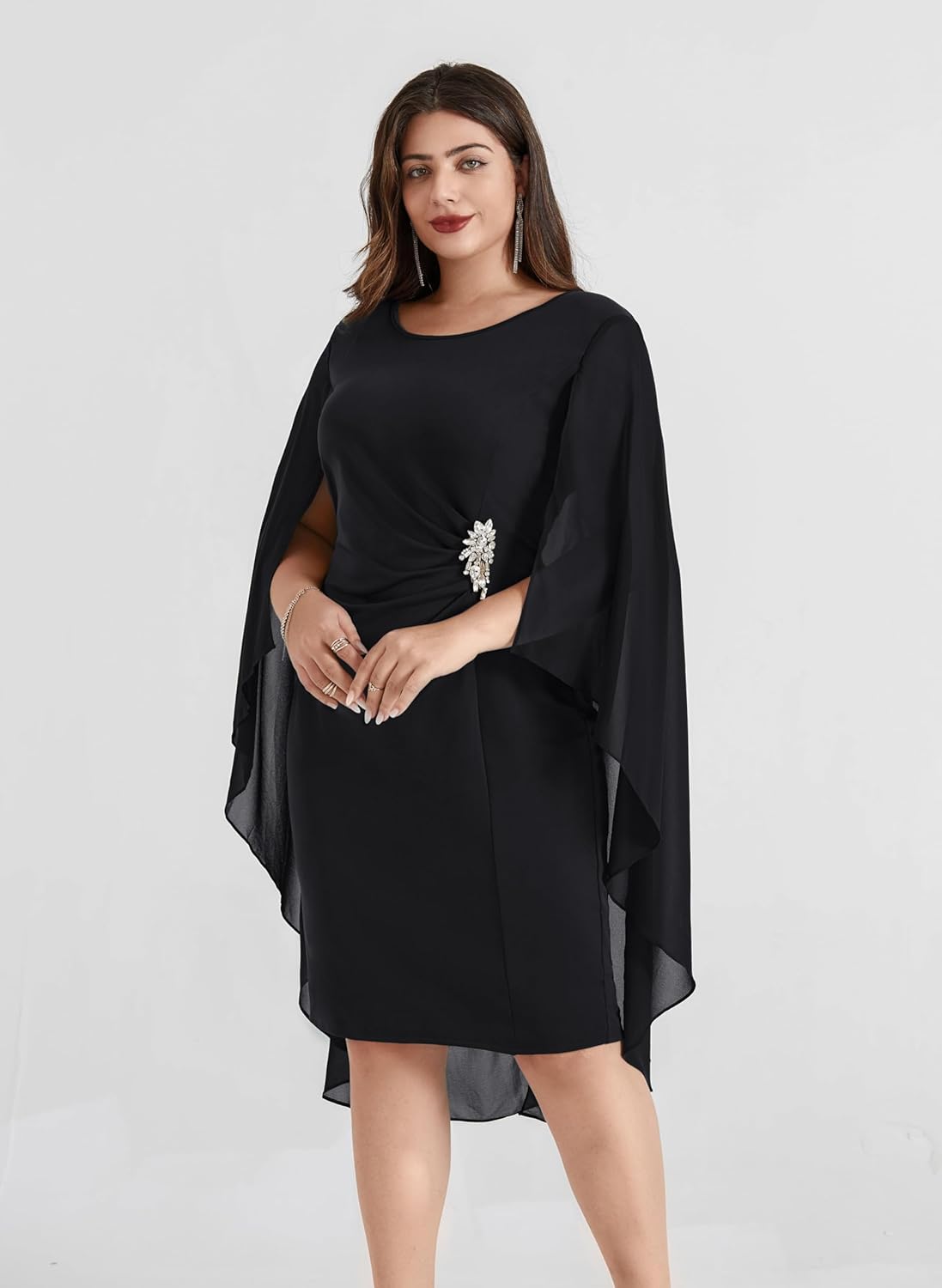 Hanna Nikole Womens Plus Size Chiffon Cape Dress Crew Neck Wedding Guest Dresses Ruched Bodycon Cocktail Pencil Dress - Image 3
