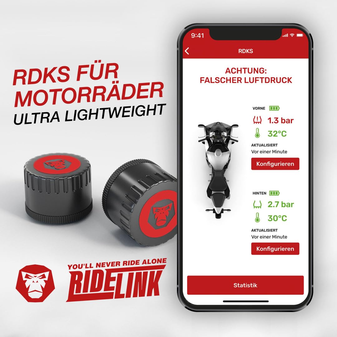 RDKS Sensoren - Präzises Reifentemperatur- und Reifendruckkontrollsystem Motorrad, 2 x TPMS Reifendrucksensor 3,5" Ventil, Bluetooth 5.0, Navigation, Tracking, Routenplanung, Made in Germany | Spezifikationen: Bluetooth: v5.0