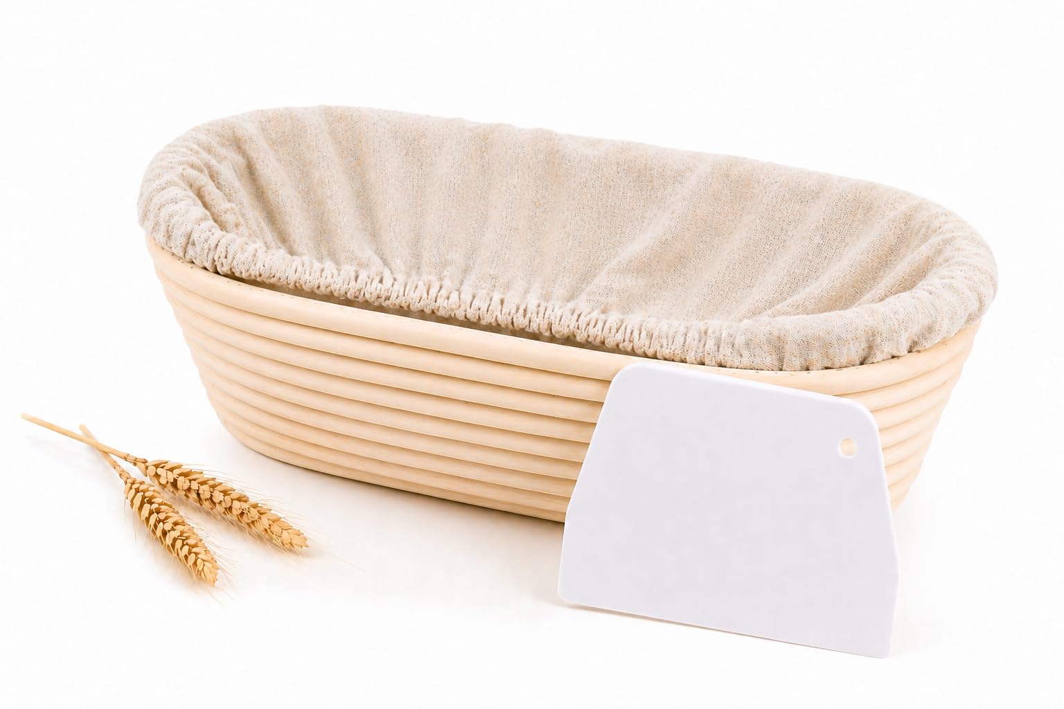 MiraFolk Oval Rattan Basket with Linen Liner, Dough Scraper Baking Accessories – Banneton Proofing Basket & Dough Mixer Baking Kit – Natural Food-Grade Bread Basket for Artisan Bread