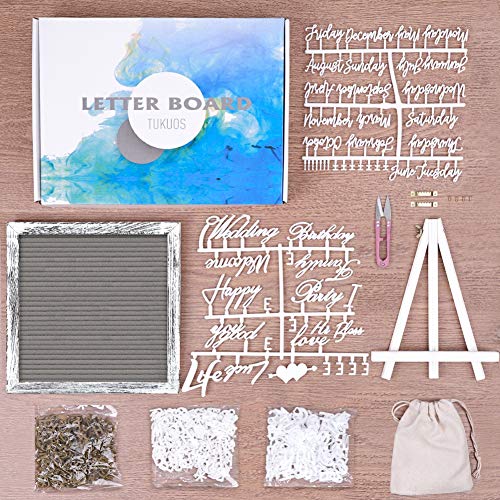 TUKUOS Double Sided Rustic Felt Letter Board with 10x10in Vintage Wood Frame,750 Precut Letters,Months & Days & Script Cursive Words,Farmhouse Message Board Shabby Wall Décor, Black Gray Brown
