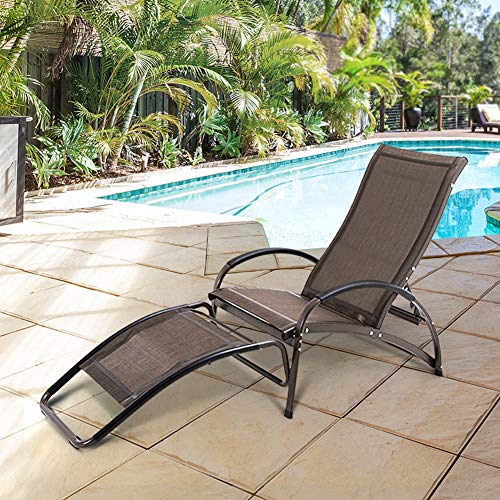 Crestlive Products Outdoor Folding Reclining Chaise Lounge Chair, Aluminum Adjustable Portable Sun Tanning Rocking Lounger, All Weather in Brown Finish for Lawn, Patio, Deck, Poolside (Brown)