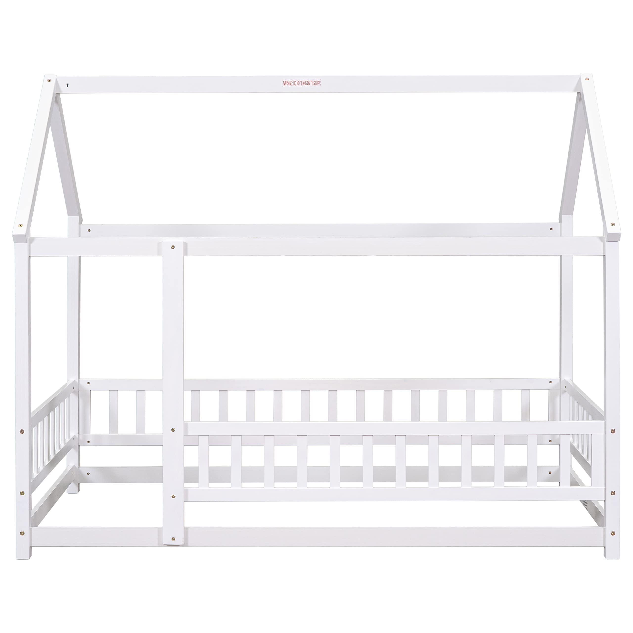 HUAYICUN Twin Bed Frames for Kids Metal House Bed, Twin House Bed with Fence and Door, No Box Spring Needed (White)