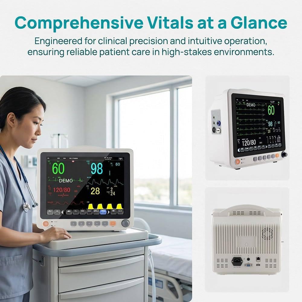 Electrocardiógrafo Portátil,Monitor De Pacientes Multiparamétrico Con Pantalla Táctil De 12,1 Pulgadas | Ecg/Fc/Pani/ Spo2/ Resp/Temp | 3 Modos | Batería Interna De 3 Horas