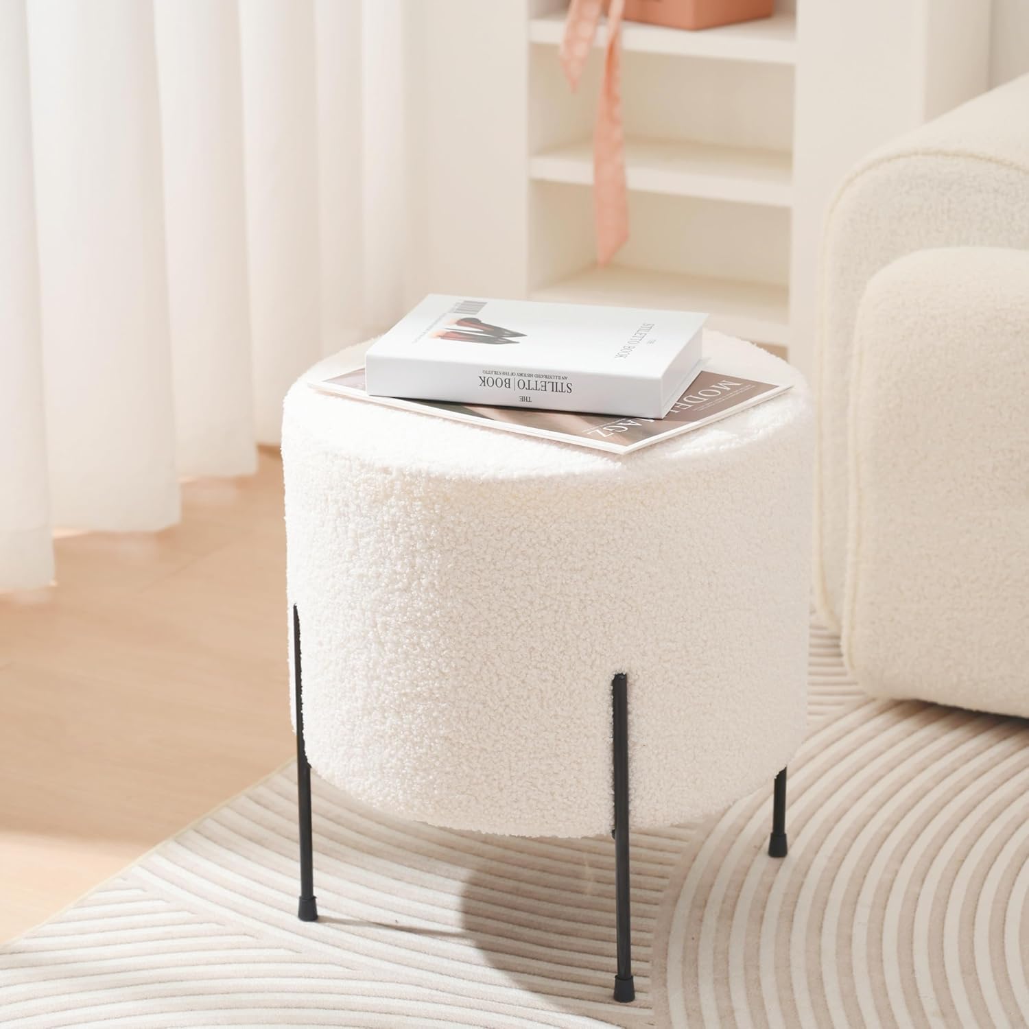 White Sheepskin Bean Bag Stool with Wooden Base, Multifunctional Padded Seat with Ottoman Storage - Round Teddy Bean Bag for Living Room, Bedroom, Entryway or Dressing Table (ZD40BK)