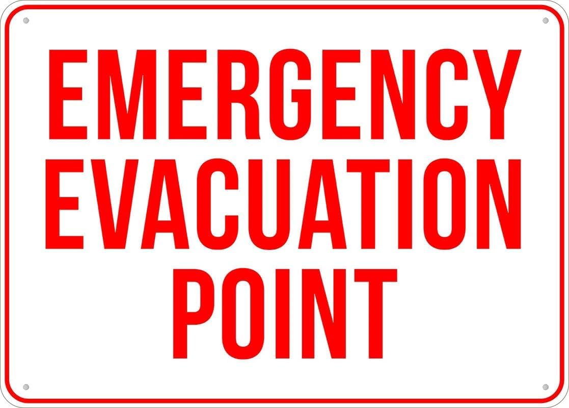 Emergency Evacuation Point Rust Free Aluminum Tin Sign - Warning Decor with Pre-Drilled Holes for Indoor-Outdoor Home Yard, Office/Factory Evac Zone - 8x12 Inch​