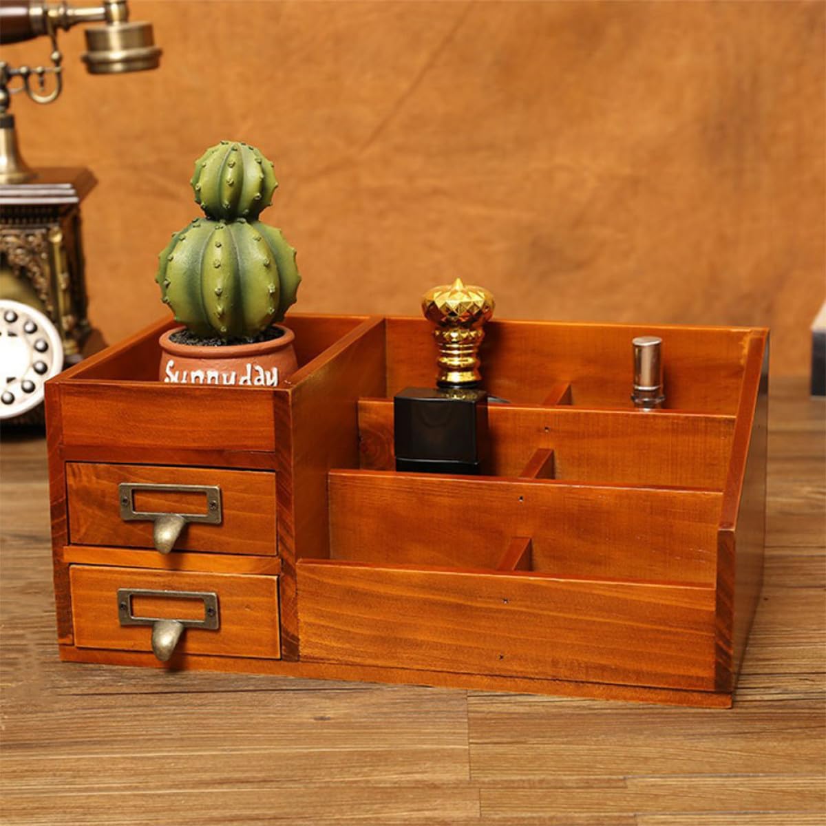 Porta Oggetti da Scrivania in Legno 6 Scomparti e 2 Cassetti, Organizer Multifunzionale per Piccoli Oggetti, Elegante e Decorativo per Casa e