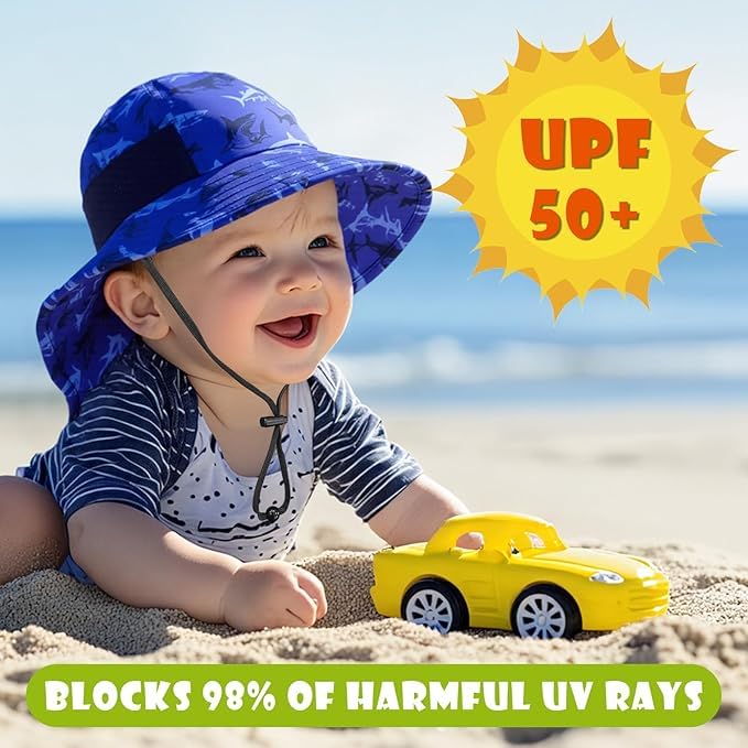 Image of Toddler Baby Sun Hat Kids Summer Beach Essentials Adjustable Beach Hats with Bucket Wide Brim for Boys Girls Age 0-14 Years