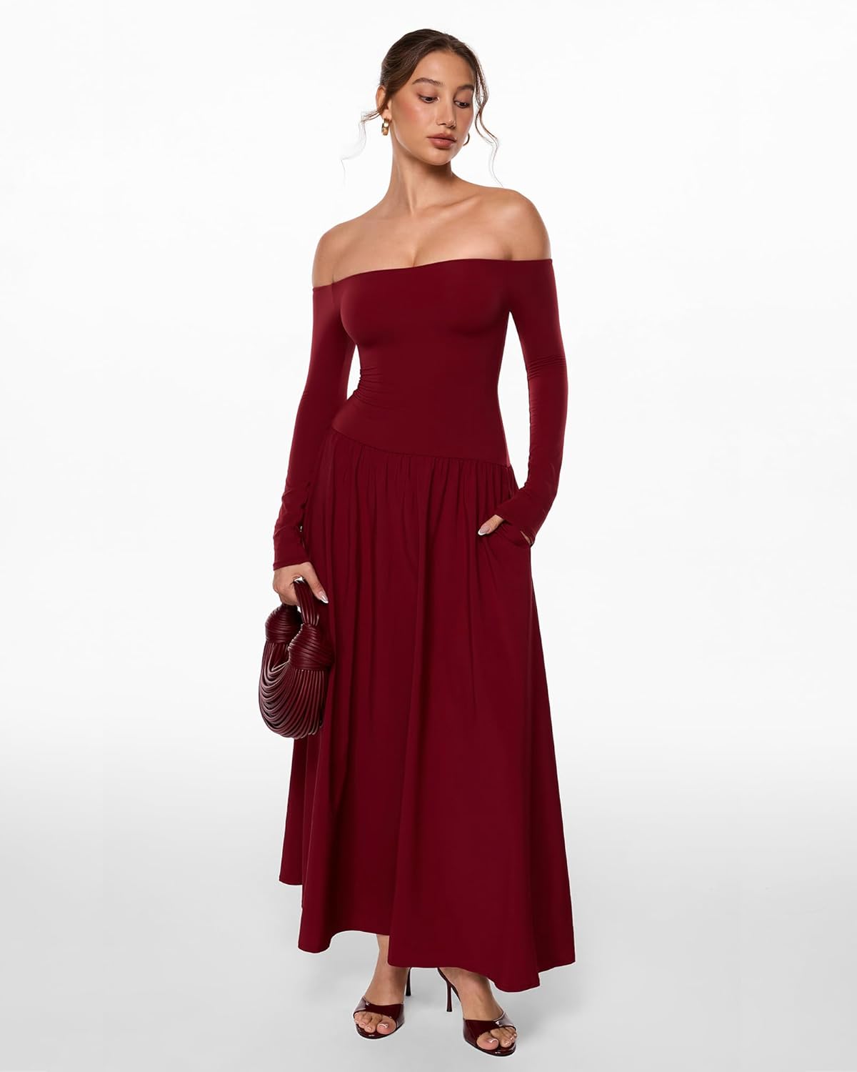 INLYRIC Women's Off The Shoulder Long Sleeve Maxi Dresses Elegant Formal Wedding Guest Cocktail Long Dresses - Image 2