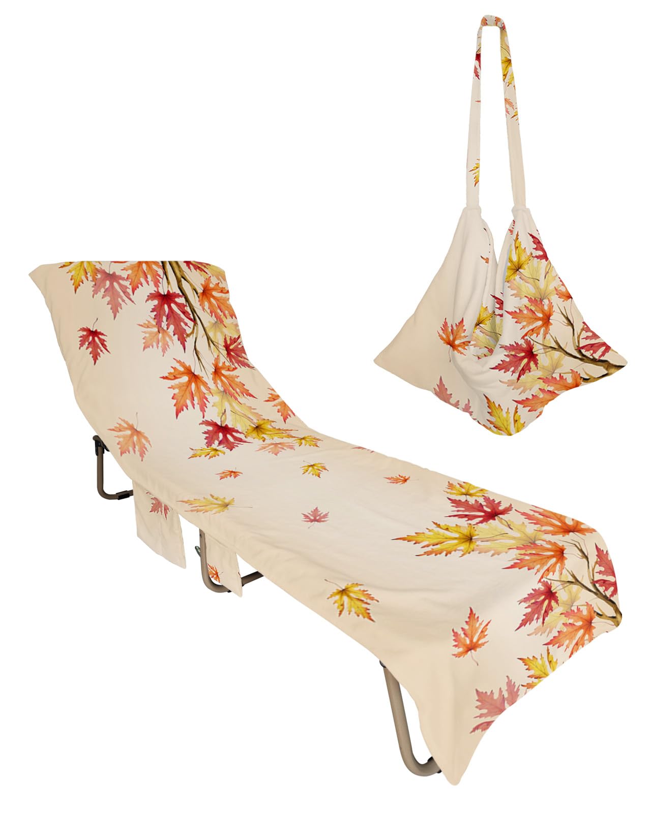 Autumn Maple Leaves Beach Chair Towel Covers for Chaise Lounge with Side Pocket, Soft Plush Pool Towels Cover for Patio Sunbathing Outdoor 29''x85'' Thanksgiving Harvest Fall Aesthetics Art
