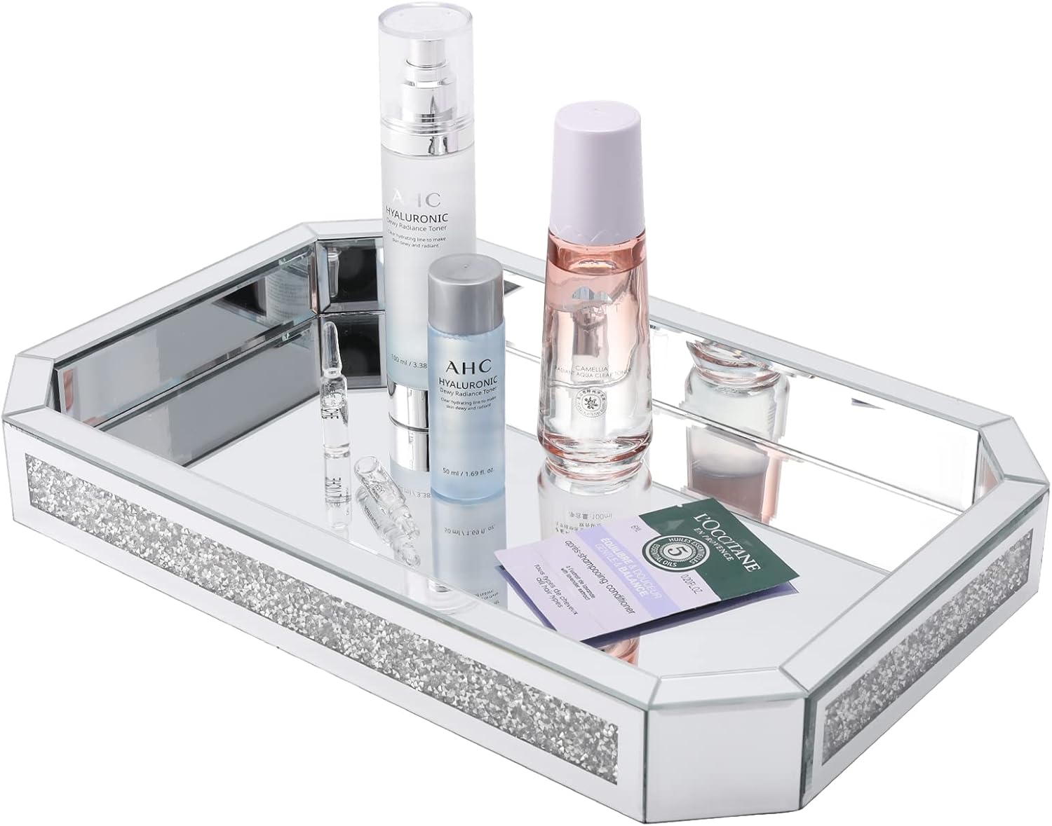 KIHPOT Mirror Perfume Tray with Crush Diamond, Glass Vanity