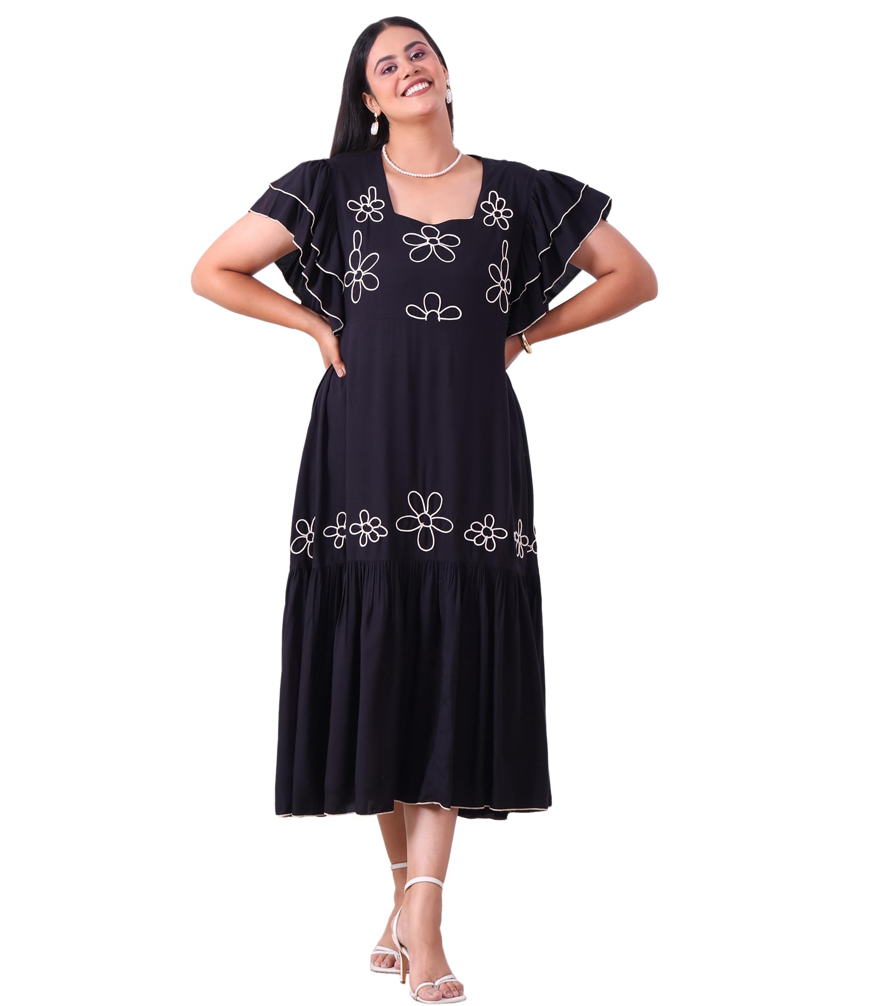 deebaco Women's Floral Rayon Fit and Flare Midi Dress for Woman Festive Fancy|Casual Trending Stylish Long Plus Size One Piece Dresses Women Western (3XL,4XL,5XL,6XL) (Black)-picture-23