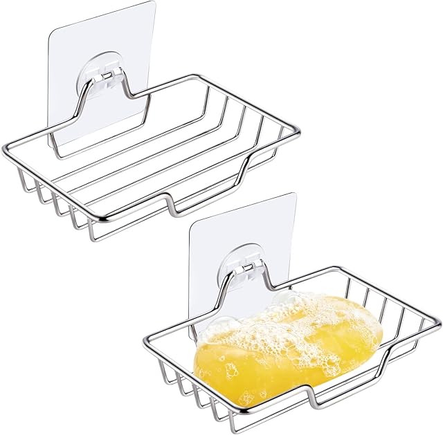 2PCS Soap Dish, Stainless Steel Soap Dish Holder Soap Basket with Suction Cup for Shower Bathroom