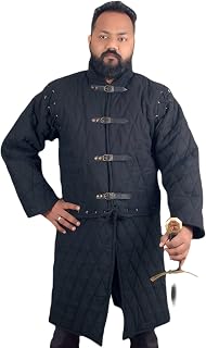 Medieval Thick Padded Full Sleeves Gambeson Coat Aketon Jacket Armor, Cotton Fabric Black