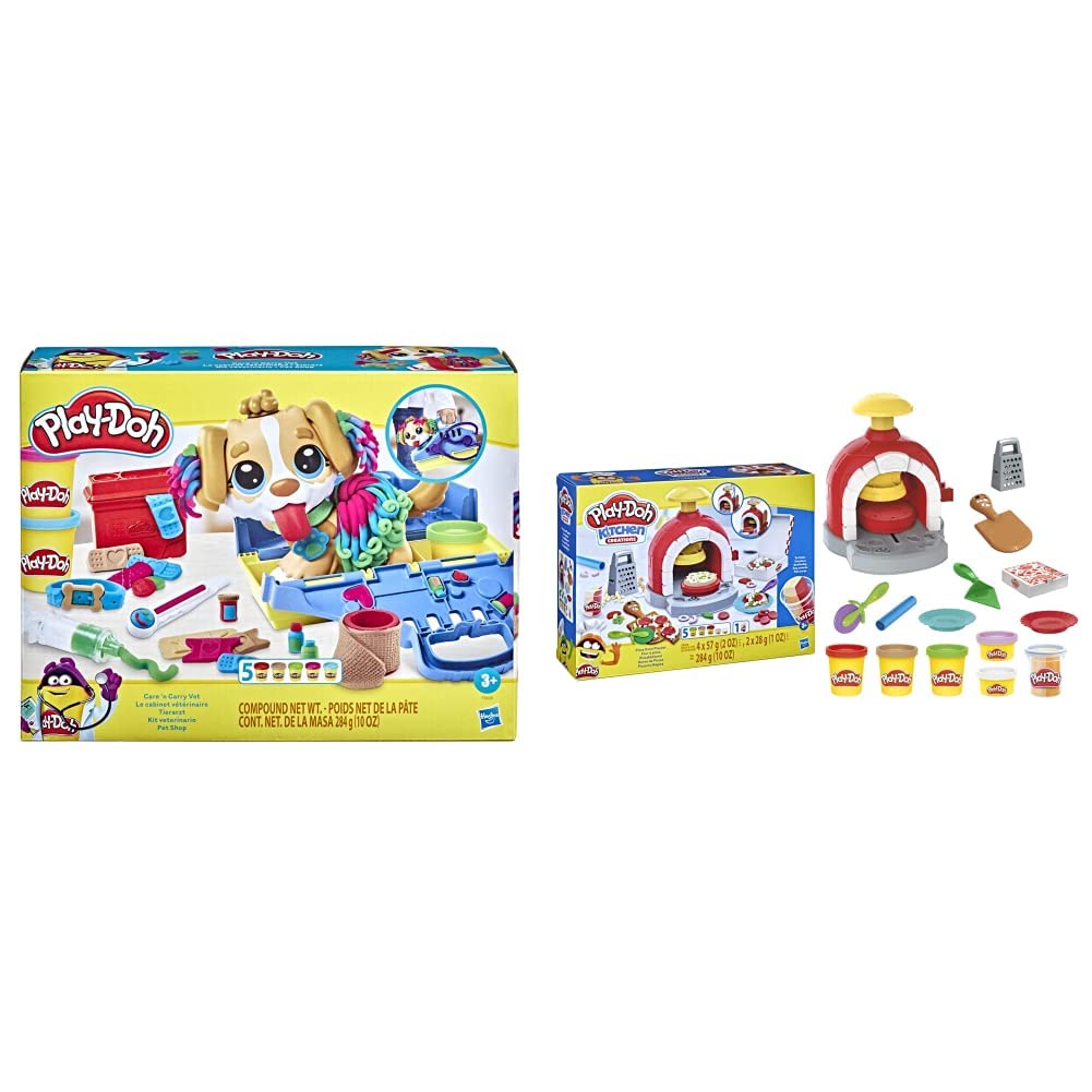 Play-Doh Kitchen Creations - La Pizzeria, playset con 6 vasetti di Pasta modellabile e 8 Accessori & Set da Veterinario, Playset con Cane Giocattolo, Trasportino, 10 Strumenti, 5 Colori, Multicolore