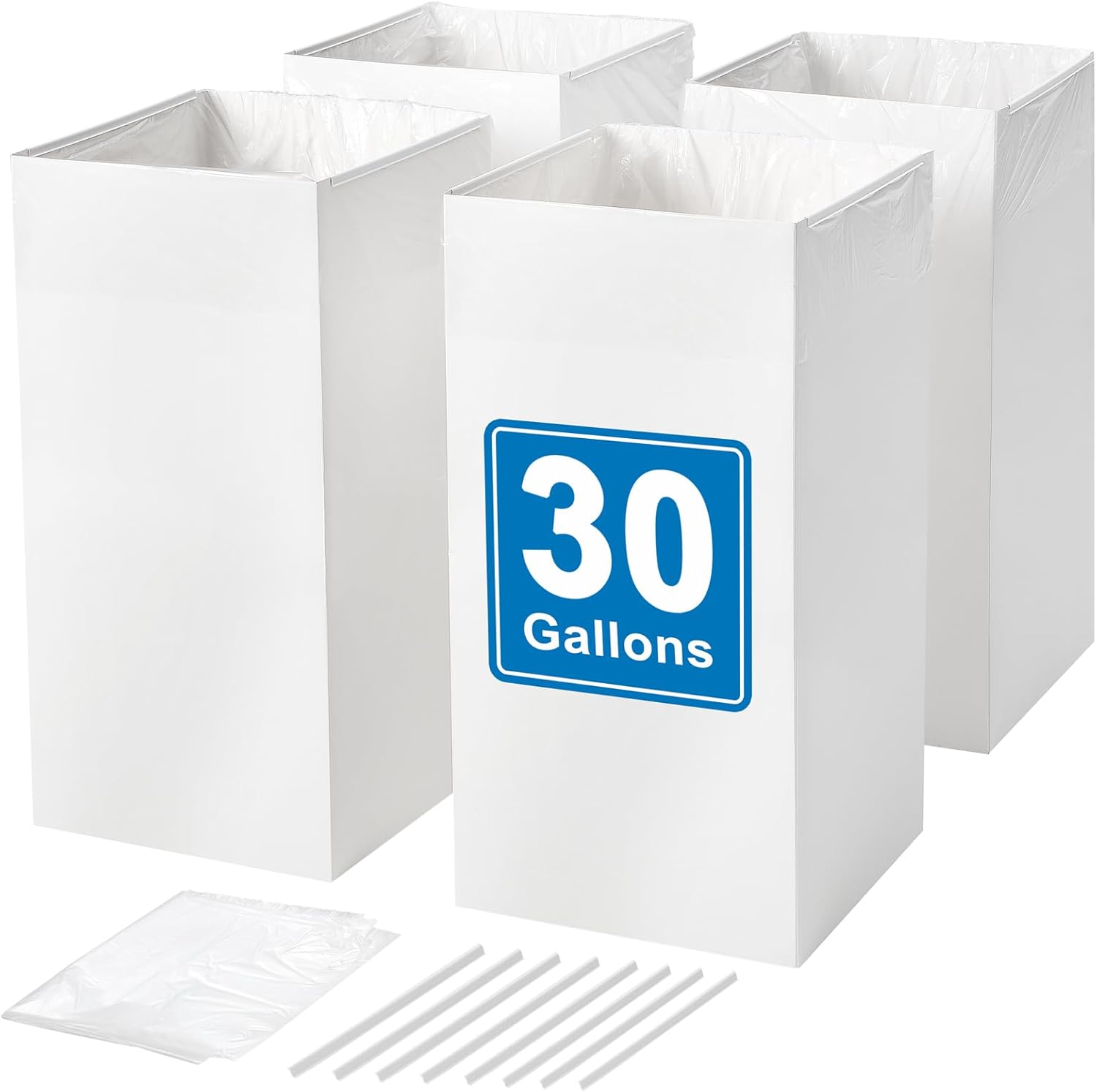 MAXWAVE 4 Pack 30 Gallon Collapsible Disposable Trash Garbage Cans, Large Reusable Recycling Bins, Extra Thick Recycled Cardboard, Perfect for Parties, Events & Camping (30" H x 14" W x 14" D), White