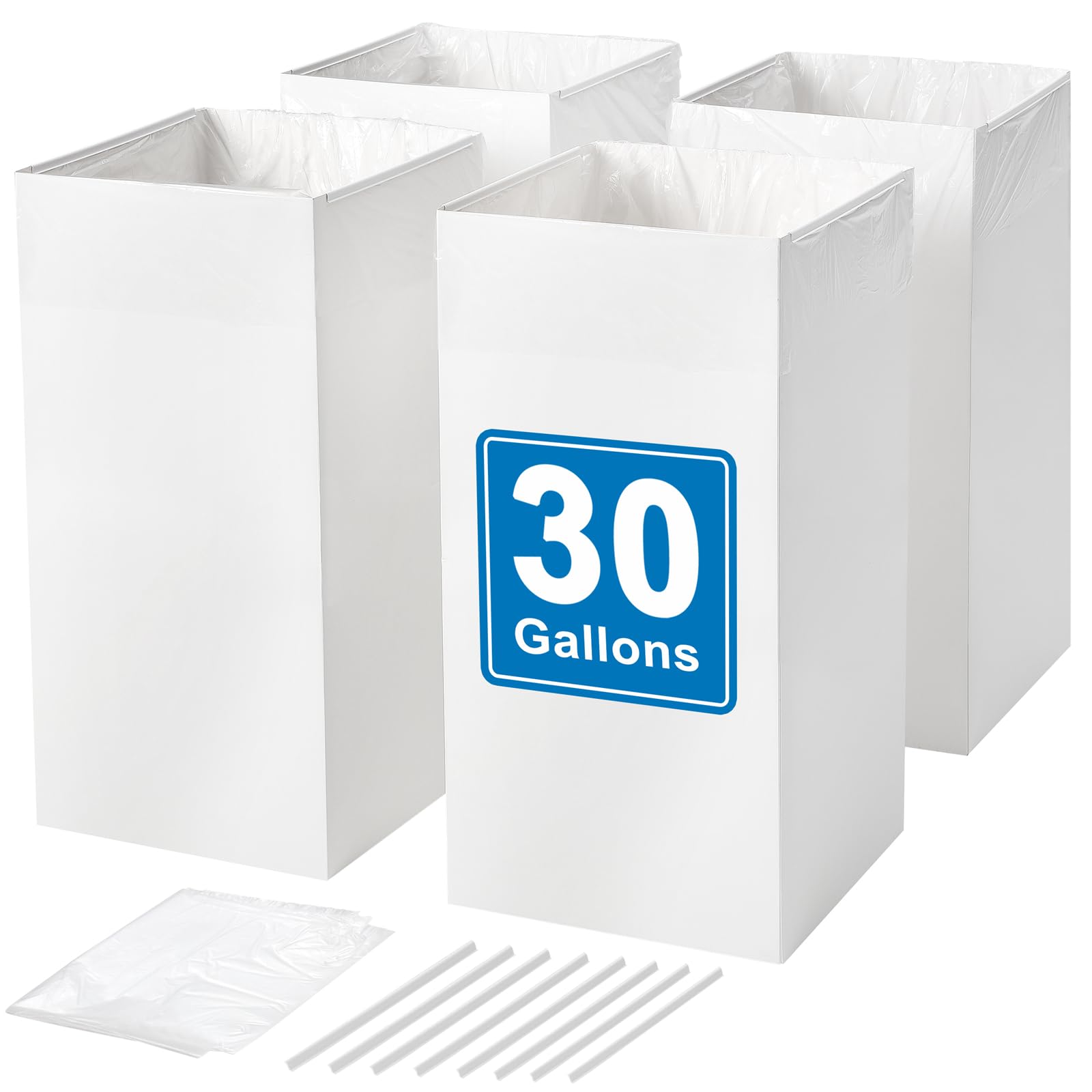 Photo 1 of MAXWAVE 4 Pack 30 Gallon Collapsible Disposable Trash Garbage Cans, Large Reusable Recycling Bins, Extra Thick Recycled Cardboard, Perfect for Parties, Events & Camping (30" H x 14" W x 14" D), White