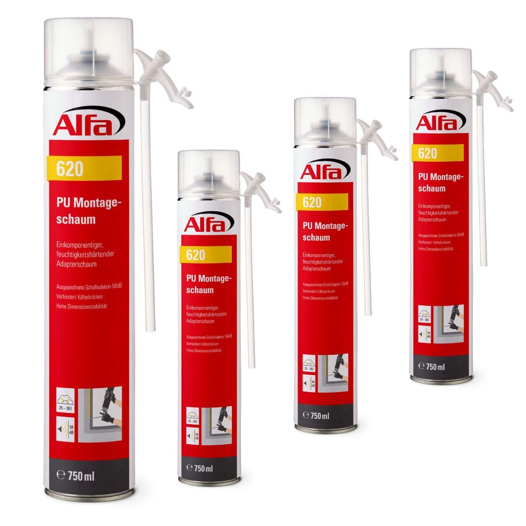 4x Alfa Einkomponentiger, feuchtigkeitshärtender Adapterschaum 750 ml Montageschaum