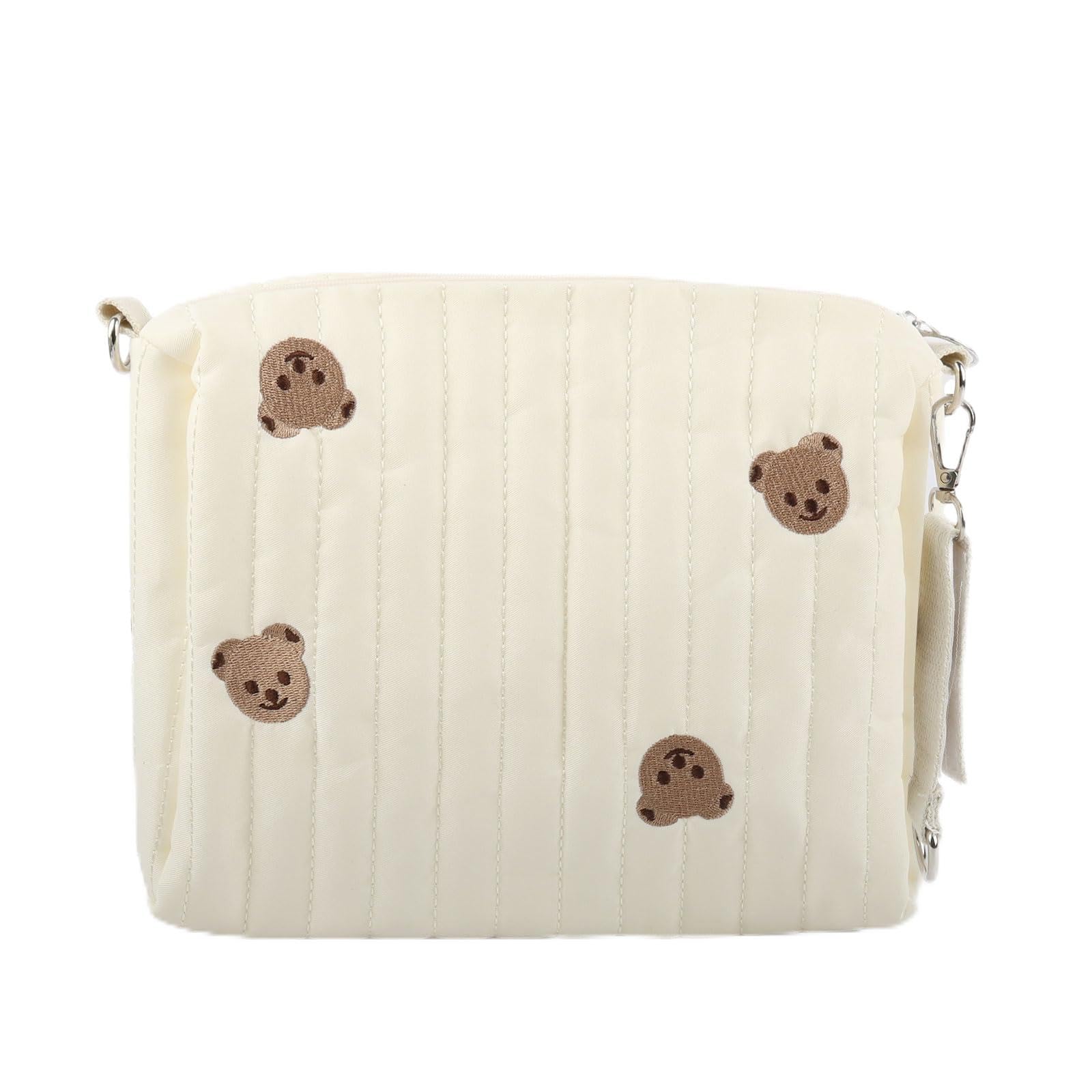 Maxmoc Tragbare Wickeltasche, Stickerei Bär Baby Wickeltaschen, Baumwolle Windeltasche Organizer, Mama Tasche mit Kinderwagen Haken, für Mama Baby Reise, Weiß