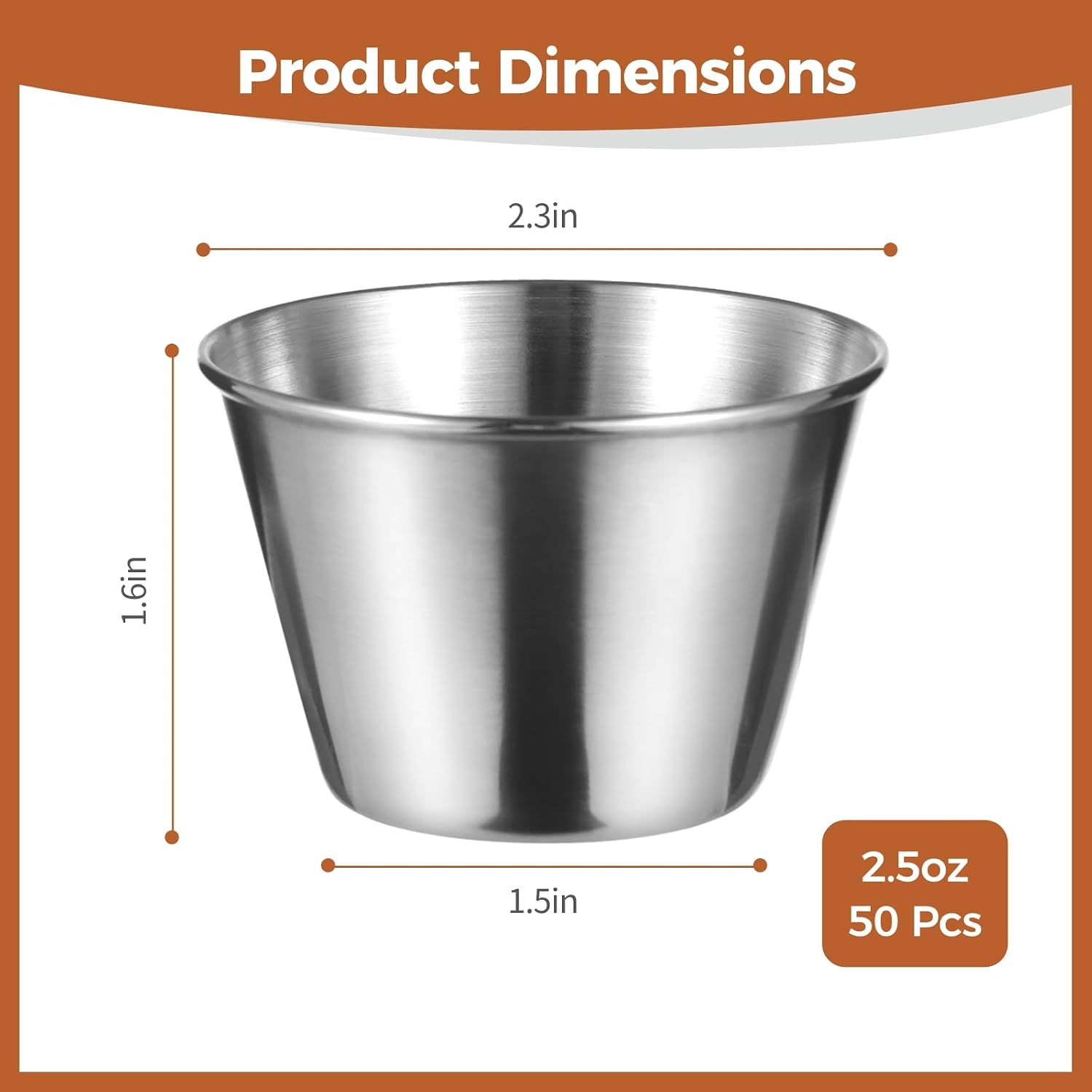 50 Pack Stainless Steel Dipping Sauce Cups, 2.5 oz Metal Ramekins Condiment Sauce Cups Reusable Round Containers Small Ramekins Cups for Kitchen Restaurant Camping BBQ Party Seafood