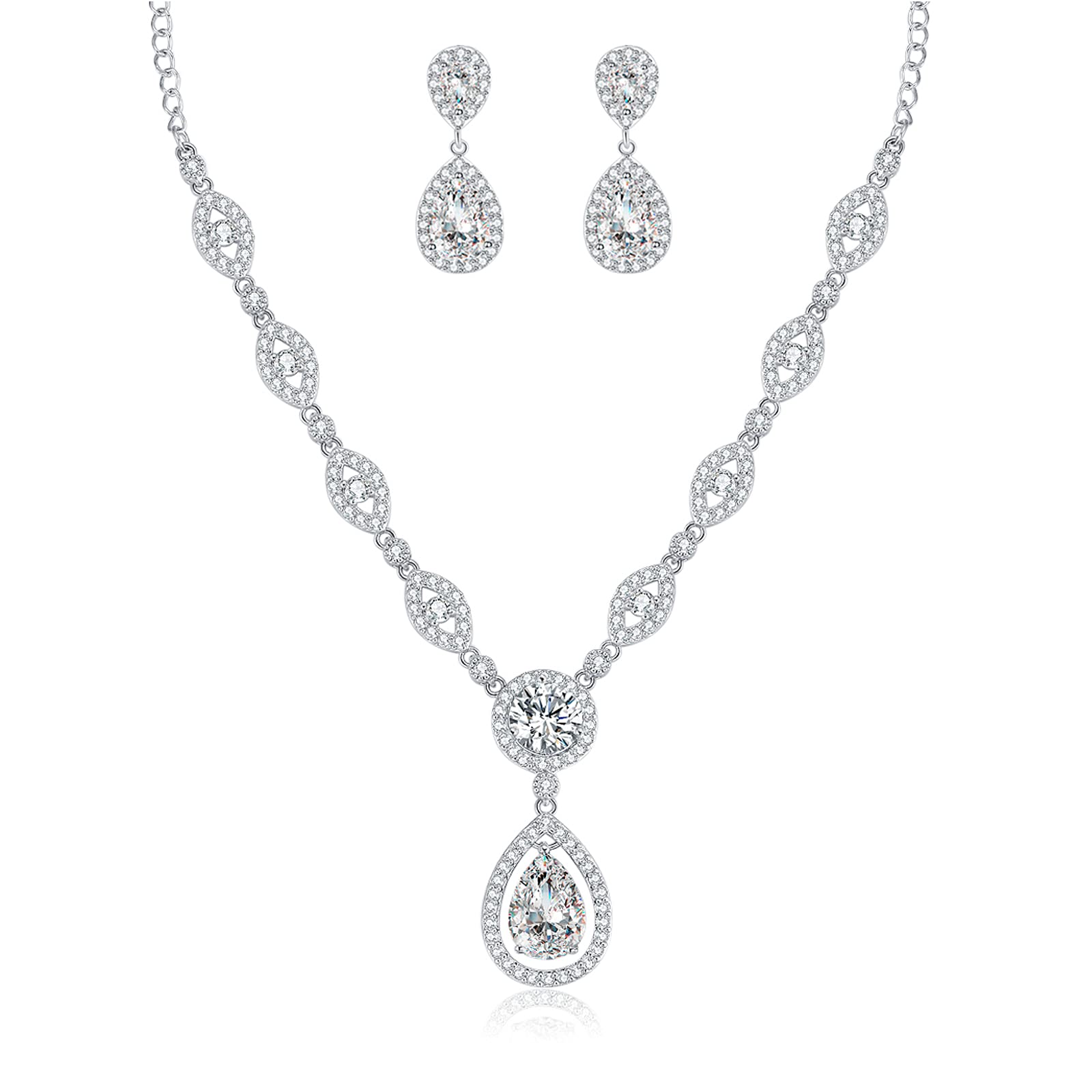 GULICX Jewelry Set for Womens, Silver Plated Teardrop Rhinestone Wedding Bridesmaid Prom Jewelry Set Pendant Necklace Drop Dangle Earrings Set for Brides