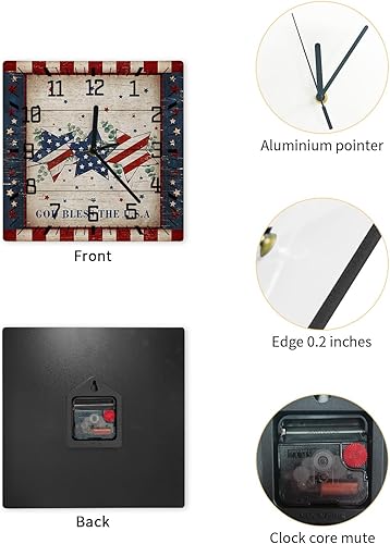 Miniatura 2 de Reloj de pared silencioso sin tictac, reloj de pared cuadrado de 10 pulgadas, funciona con pilas, reloj de pared vintage con bandera estadounidense