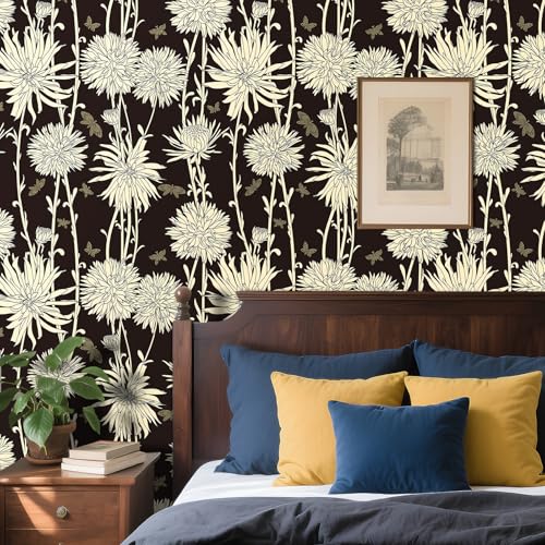 Stickyart 17.5'x276' Retro Dark Floral Wallpaper Peel and Stick Antique Black Cream Floral Butterfly Contact Paper Self Adhesive Moody Gothic Chrysanthemum Flower Wallpaper for Bedroom Living Room