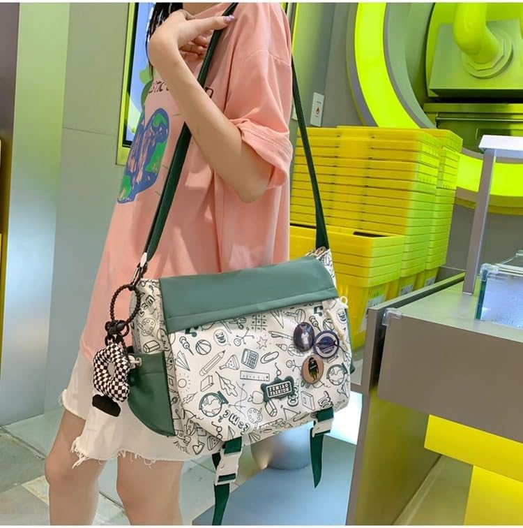 Aesthetic Crossbody Bag with Cute Pins and Ornament, Nylon Shoulder Messenger Bag Japanese Kawaii Bag for Women Men - Image 8