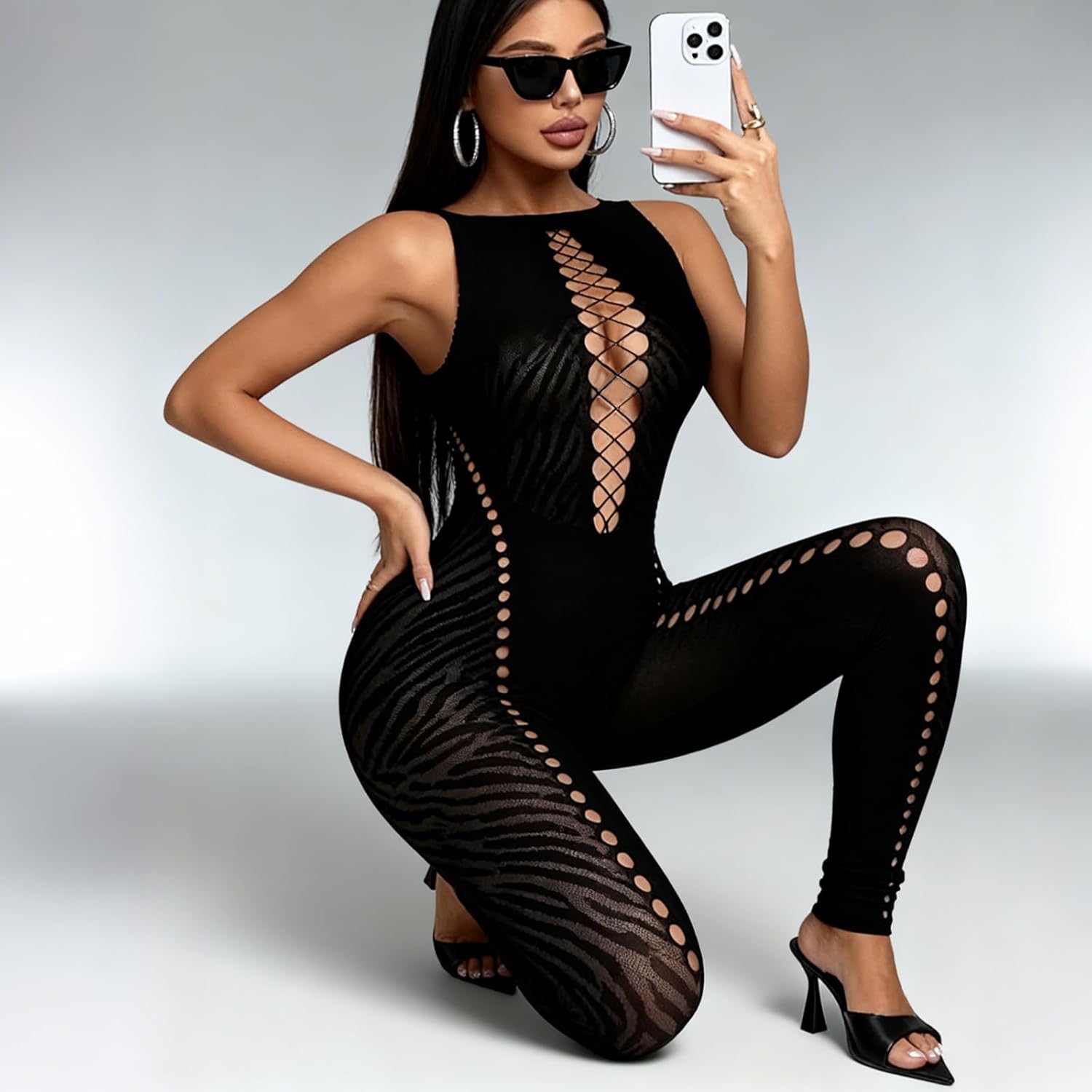 Sexy Mesh Jumpsuit for Women, Fishnet Leopard Sleeveless Bodycon One Piece Club Black Jumpsuits Rave Outfit - Image 6