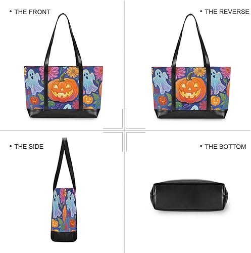 Miniatura 3 de KLL Calabazas de Halloween y fantasmas con flores Bolsa impermeable para computadora con cremallera bolsas de trabajo Bolso grande para enfermería