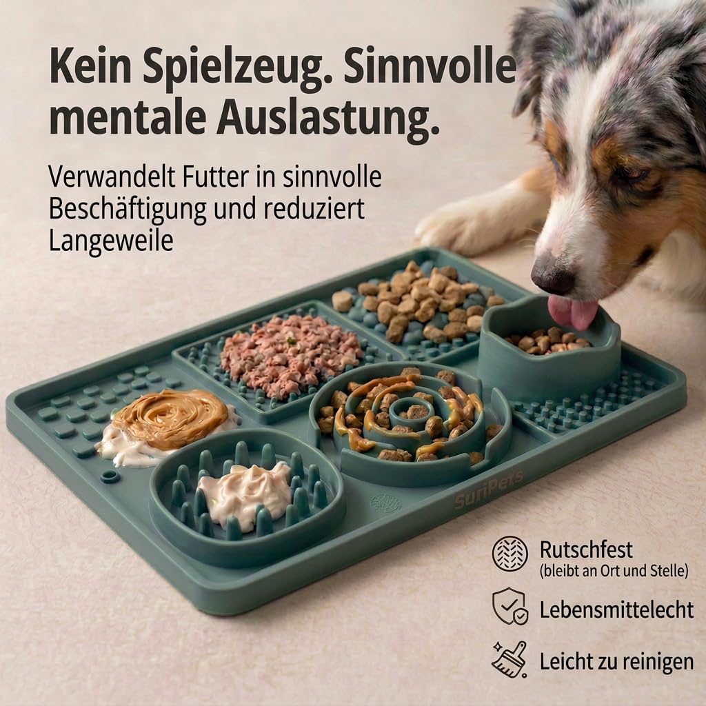 Schleckmatte Hund & Katze mit Napf – LFGB Silikon Lick Mat mit Saugnäpfen – Slow Feeder gegen Schlingen, Stress & Langeweile – inkl. Spatel – BPA frei & spülmaschinenfest