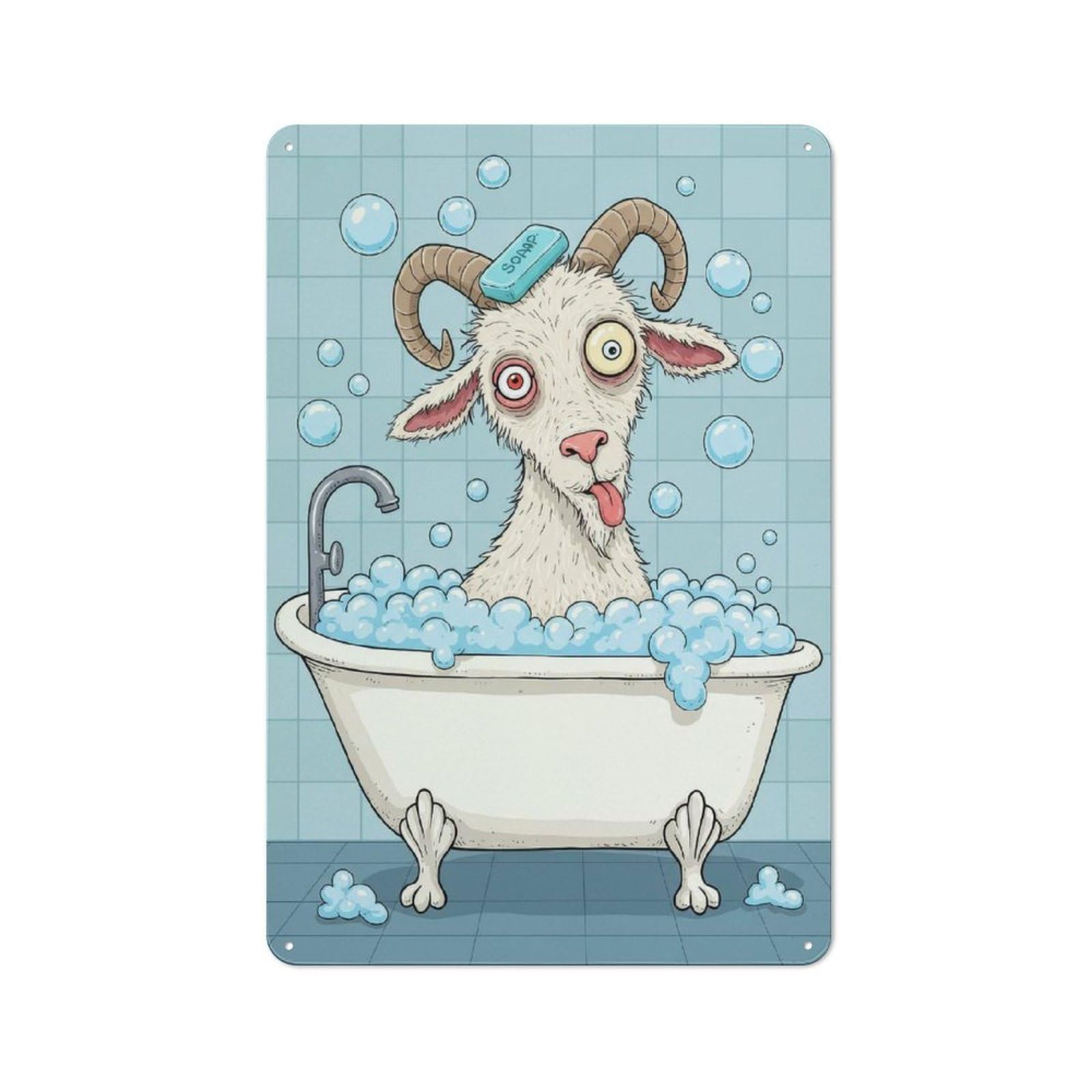 Junmoney Style-11 Metal Wall Sign 30X20cm Featuring Goat In Bathtub With Soap(2) For Hallway Wall, For Vintage Wall Decor Fans, For Cafés, Pubs And Restaurants