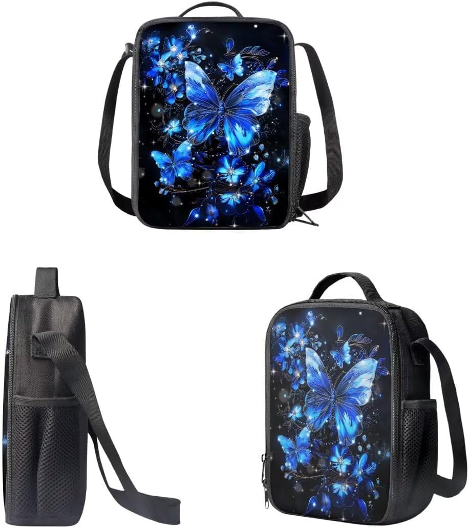 3PCS Backpack with Lunch Box Pencil Case Set for Boys Girls Blue Butterfly Print Elementary Middle School Students Bookbags - Image 3