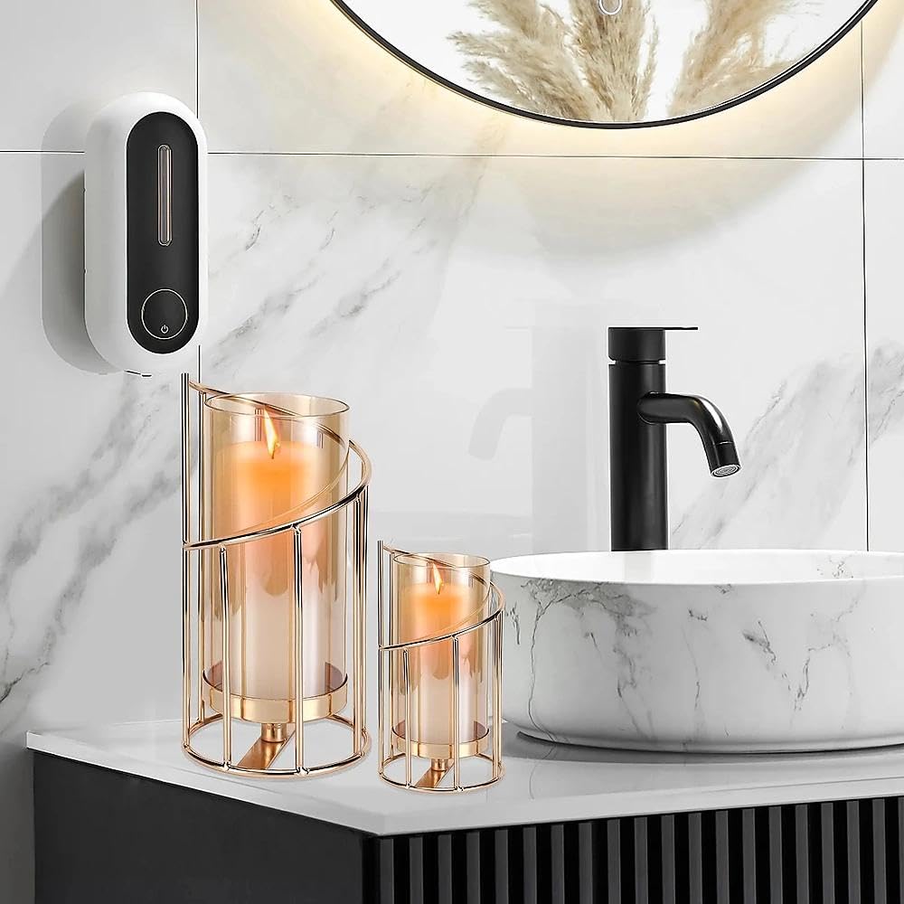 Lot de 2 photophores décoratifs, Cylindre en Verre Doré (Or) | avec Fond en métal pour Bougies, pour Petites Bougies Piliers Plateau à Bougies avec Cylindre pour décoration de Table, Salon
