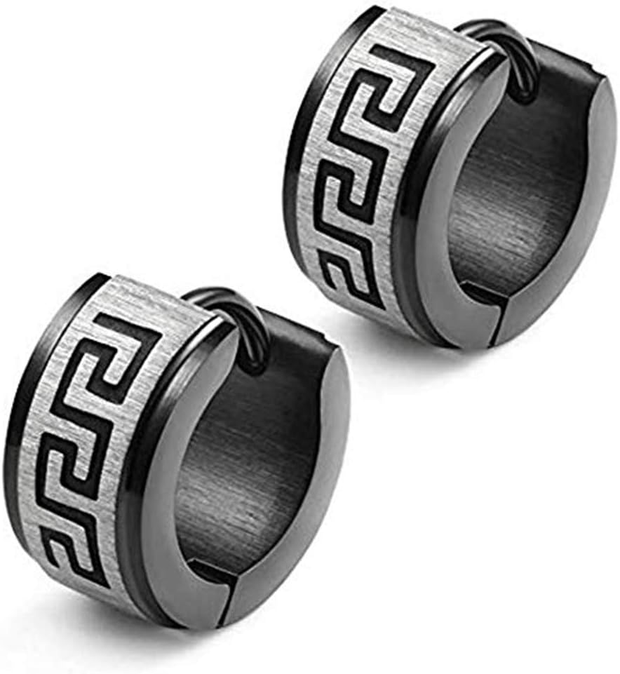 FuZhiBang Stainless Steel Hoop Earrings for Men Women Earrings Unique Greek Key (Black)