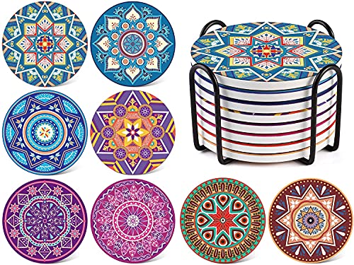 LIFVER Posavasos Vasos de Porcelana, Posavasos de cerámica Estilo Bohemia con Soporte, Posavasos de 10 cm para Bebidas con Fondo de Corcho, decoración Oriental, Paquete de 8 Cover