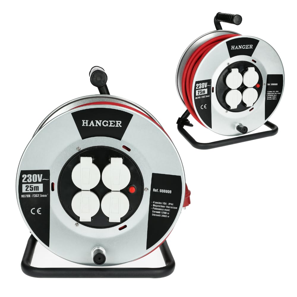 Enrouleur Électrique Flasque Acier 25 m H07RN-F 3G 2,5 mm² HANGER - Puissance et Sécurité Réunies
