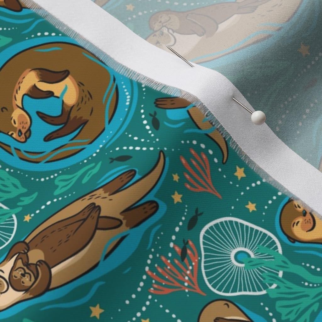 Spoonflower Fabric - Love Otters Otter Animals Green Sea Sweet Swim Floating Couple River Printed on Organic Cotton Sateen Fabric by The Yard - Sewing Quilting Apparel Home Decor