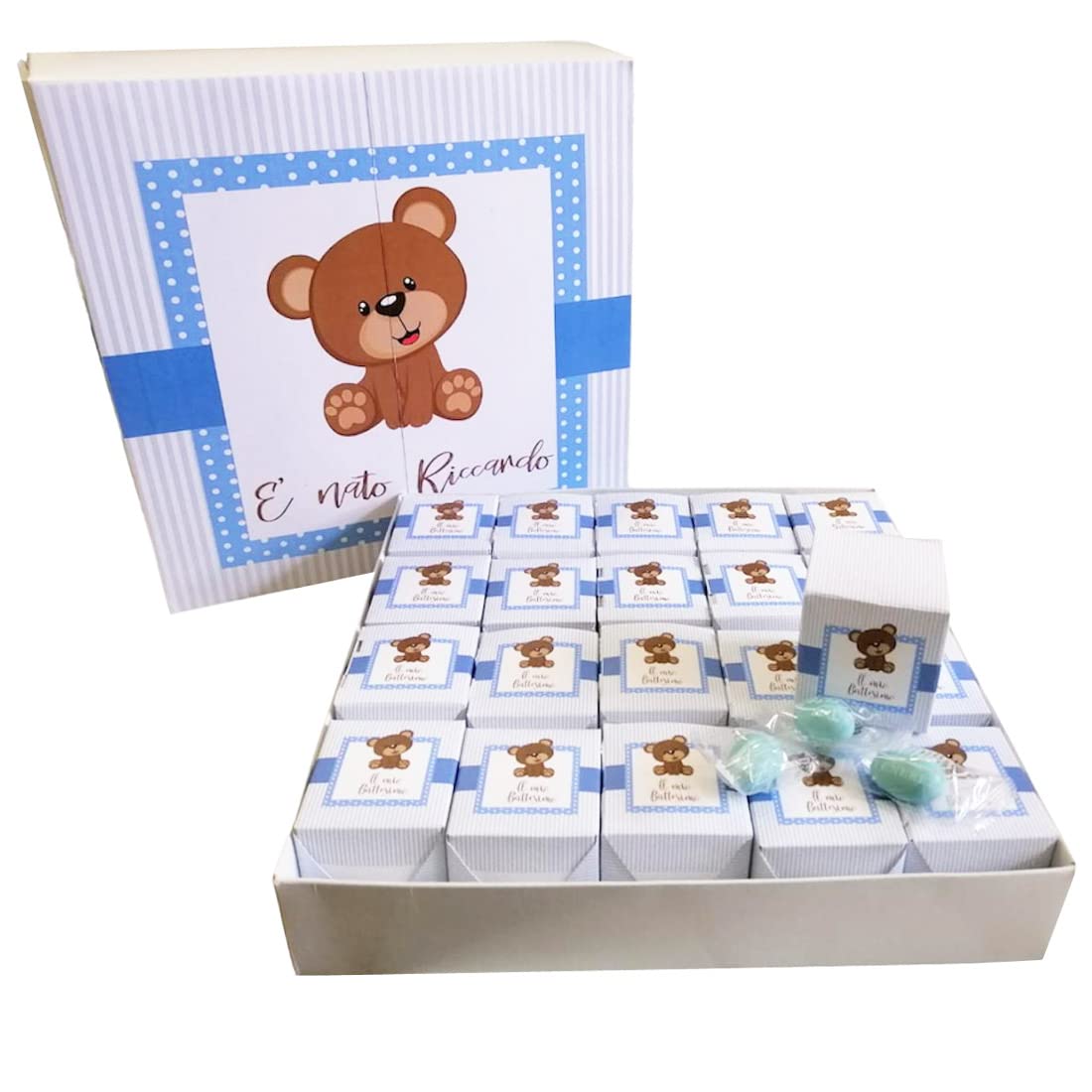 Scatola Box bomboniere cubetto Orsetto celeste Personalizzabile vassoio torta porta confetti per nascita battesimo bimbo con confetti e bigliettini kit allestimento sweet table confettata