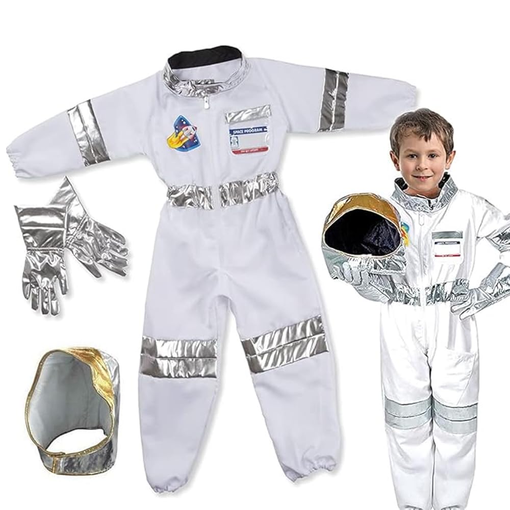 AMERTEER Children's Astronaut Space Costume For Kid Boys And Girls | Space Pretend Dress Up Role Play Set Cosplay | Kids Cosplay Sets With Helmet And Gloves | 4 Pcs Set Ideal For Kids Ages 4–7 Years
